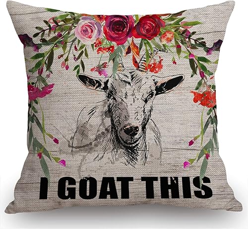 Swono Funda de almohada de cabra I Goat This Farmhouse Funda de cojín para sofá 18 x 18 pulgadas, algodón y lino