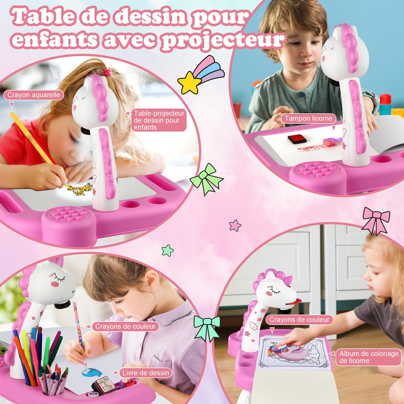 Jouet Filles Projecteur de Dessin pour Enfants avec 72 Motifs Projecteur de Peinture avec Set de Dessin Autocollants Licornes Table de Peinture pour Enfants Jouets Licorne Cadeaux Filles 3 4 5 6 7 ans