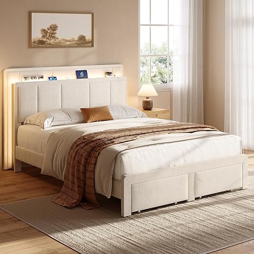 Miniatura 8 de Estructura de Cama de Almacenamiento Queen, Cama Plataforma Tapizada con 2 Cajones, Cabecera de Terciopelo con Mechones Verticales con Luces LED y