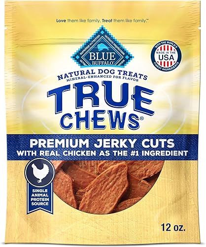 Blue Buffalo True Chews Premium Jerky Cuts - Golosinas para perros, fabricadas en los Estados Unidos con ingredientes naturales, pollo, bolsa de 12