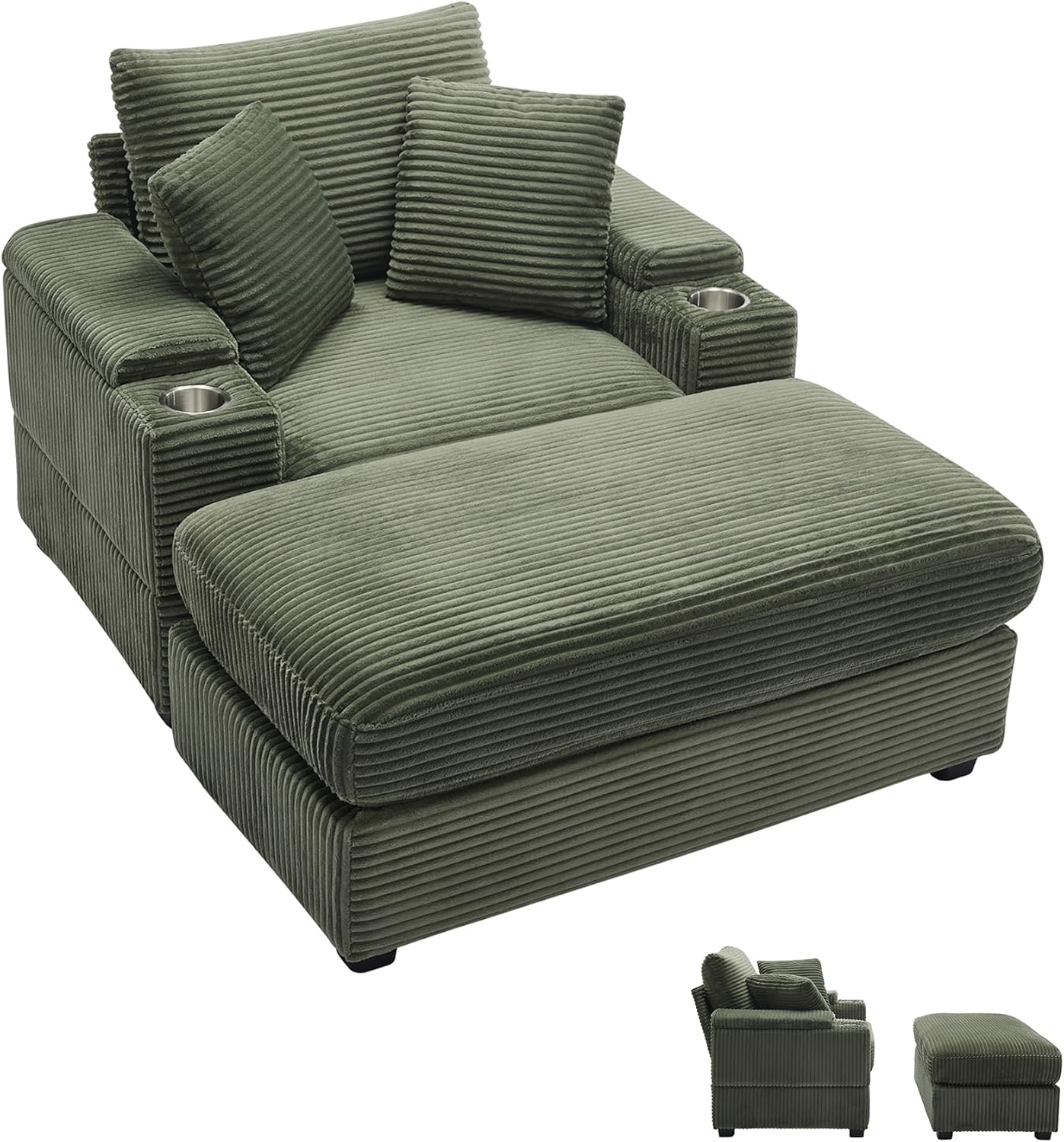 Chaise Lounge Chair Indoor, 49.8" Upholstered Corduroy Sofa Bed with Handrail Storage, Wood Frame Sleeper Couch Sofa Reading Chairs for Living Room, Office, Bedroom, Dark Green