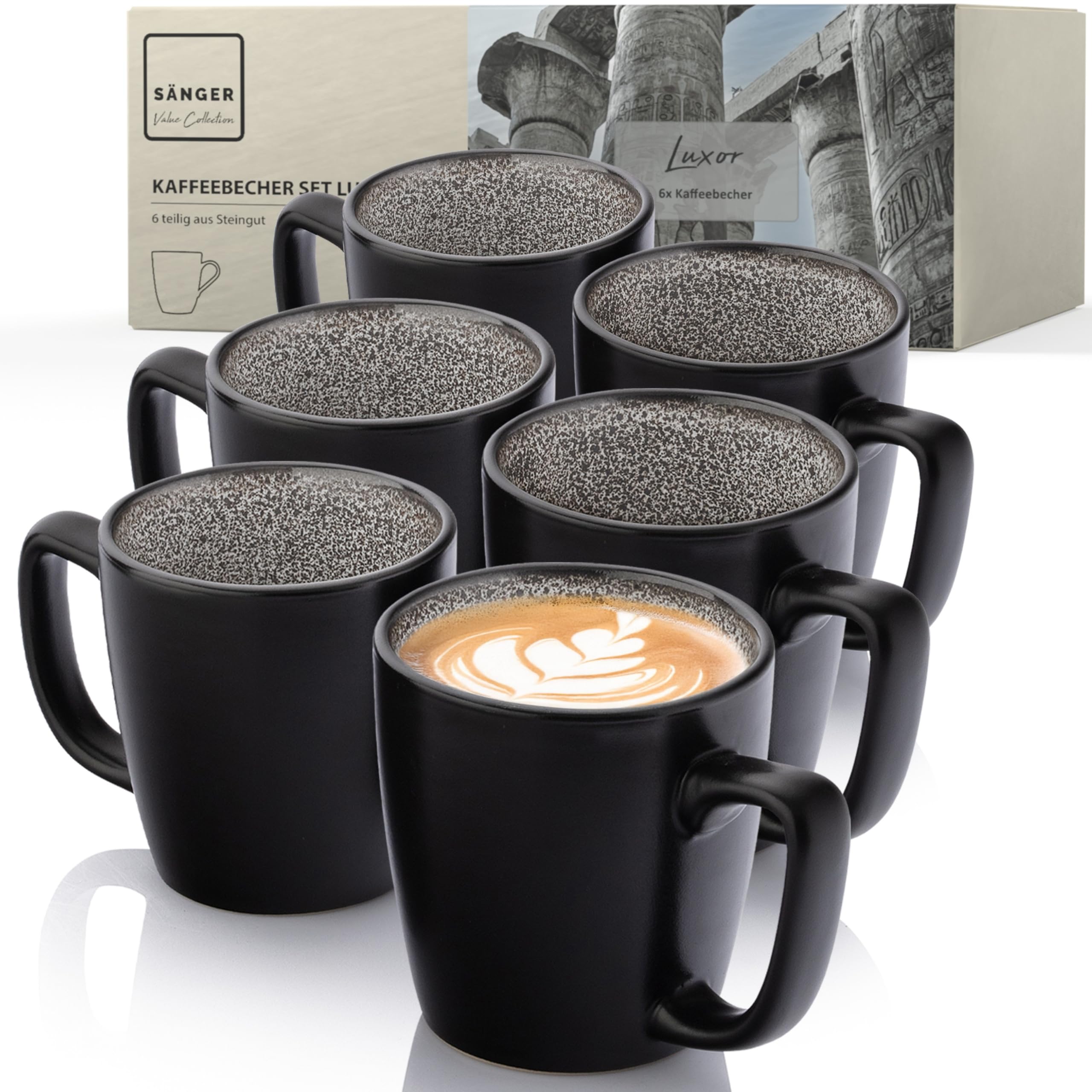 SÄNGER Luxor | Kaffeebecher 6 Personen, Steingut Kaffeetassen Set 6er, Tassen Teetasse spülmaschinenfest mikrowellenfest, Coffee Mug dunkel braun beige 360 ml | VALUE COLLECTION