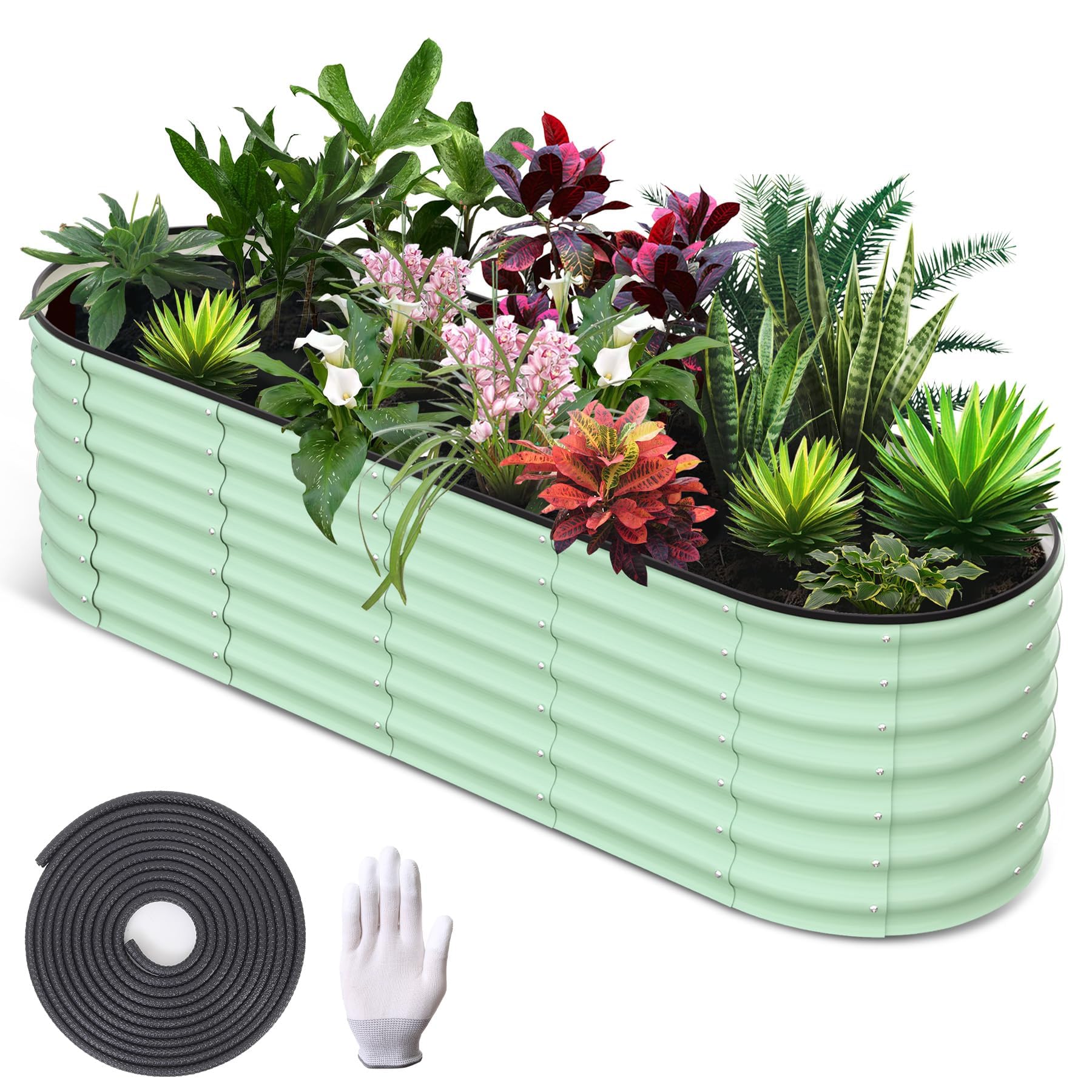 AffinityFurn Large Raised Beds for Garden, 8x2x2FT Galvanised Outdoor Oval Planter Box with Safety Edging and Gloves, Bottomless, Metal Raised Garden Bed for Vegetables, Flowers, Herbs & Plants, Green