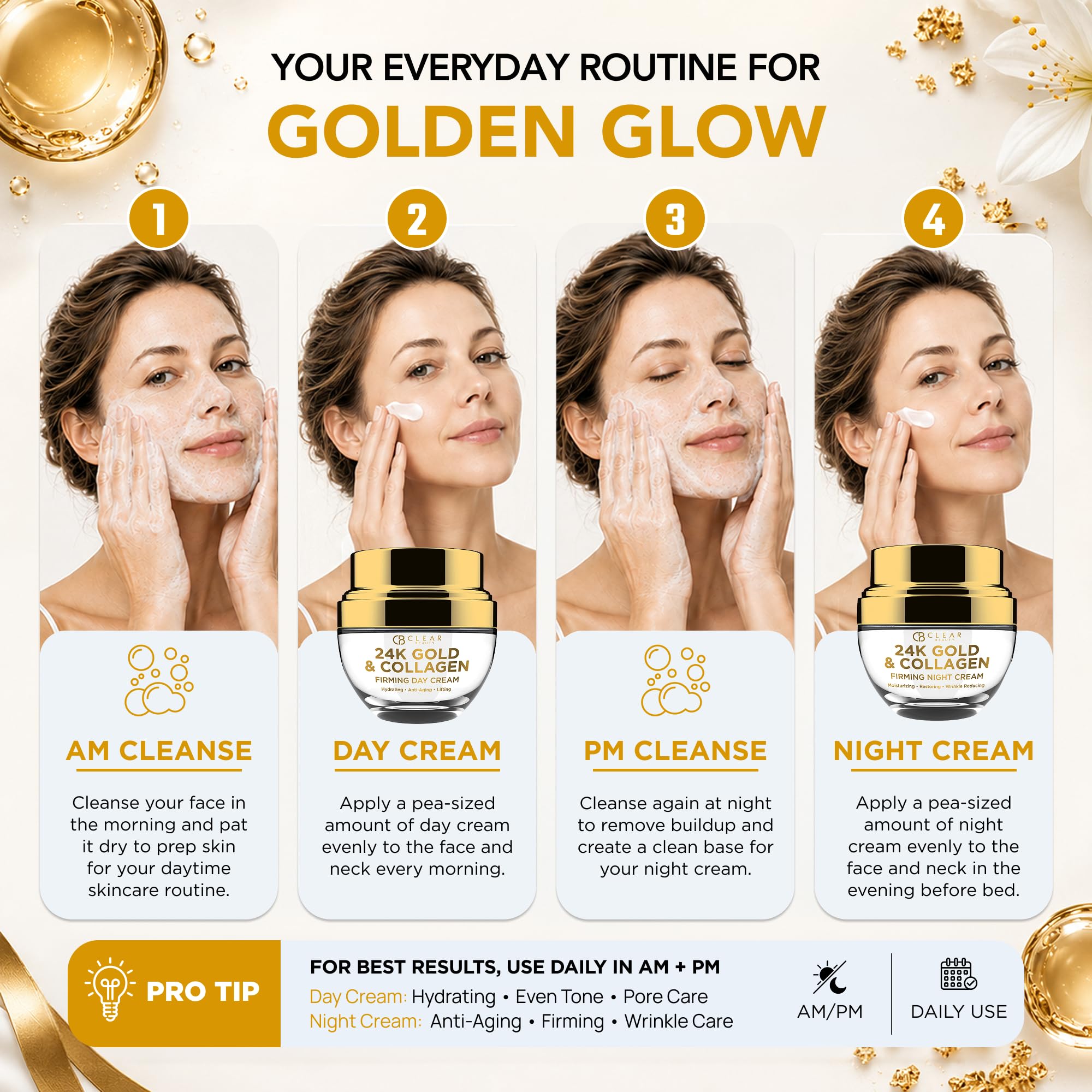 Clear Beauty 24-karatowe złoto & kolagen Day/Night Moisturizer Anti-Aging Cream - Duo Set Value Pack