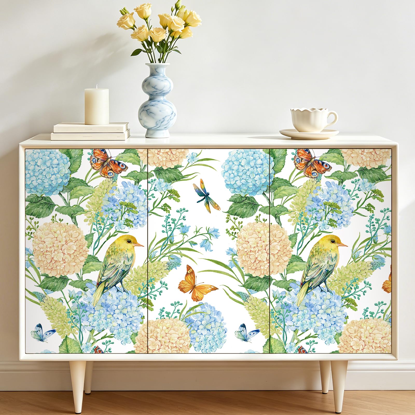 FunStick 44.5CM×9M Carta da Parati Adesiva Muro Floreale Bianca Pellicola Autoadesiva per Muro Bagno Rivestimento Decorativo Carta Adesiva per Mobili Bianca Floreale Uccelli e Libellule Acquerello