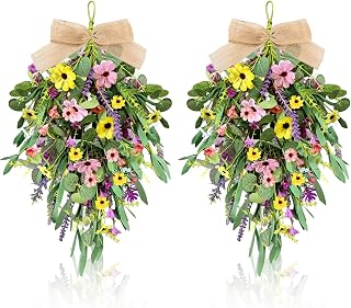 22" Artificial Spring Summer Swag Wreath 2Pcs Spring Summer Floral Teardrop Swags for Front Door Farmhouse Kitchen Cabinet Wreaths with Ribbon Faux Flowers Hanging Wreaths for Porch Wall Window Decor