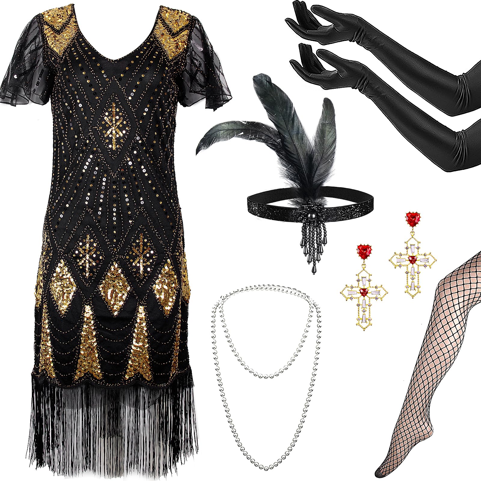 Okabay 1920s Flapper Dress & Accessories Set for Women, Great Gatsby  Fringed Sequin Costume with Gloves/Socks/Headband/Jewellery for Roaring 20s  Party (Blackgold, L) - BigaMart