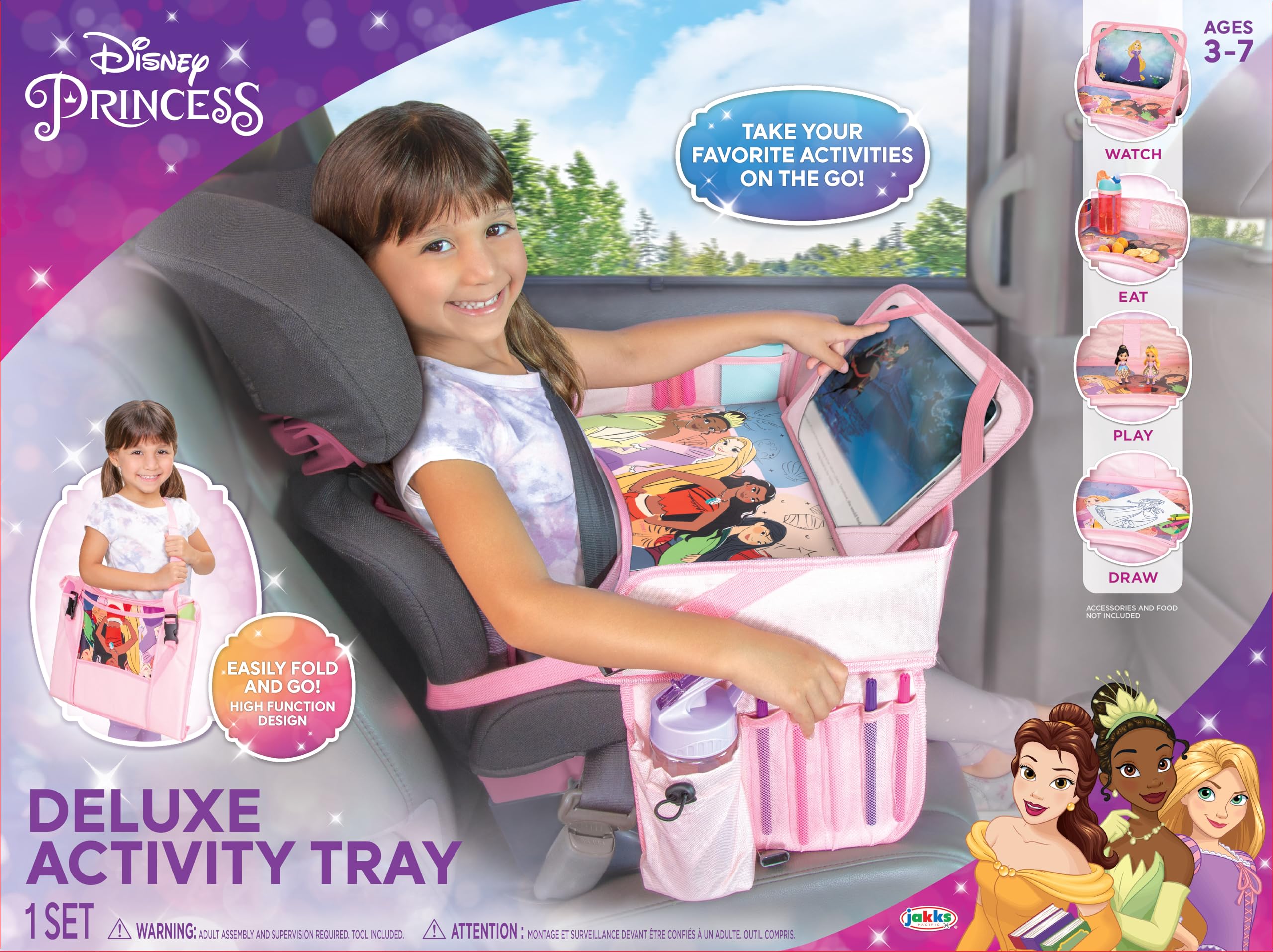 Disney Princess Bandeja de viaje para niños, bandeja de asiento de coche para niños, bandejas de coche para niños, artículos esenciales y actividades de viaje por carretera
