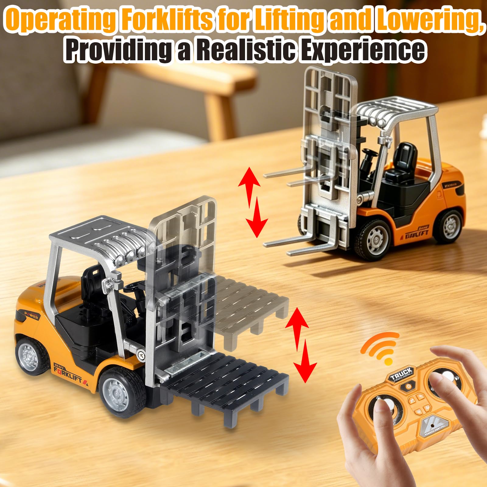 OBEST Mini RC Carretilla Elevadora de Metal, 1:64 2,4 GHz Juguetes para Vehículos de Ingeniería, Paleta/Gancho Colgante, Control de Aplicación, 3 Posiciones de Velocidad, luz y Sonido, Carga USB