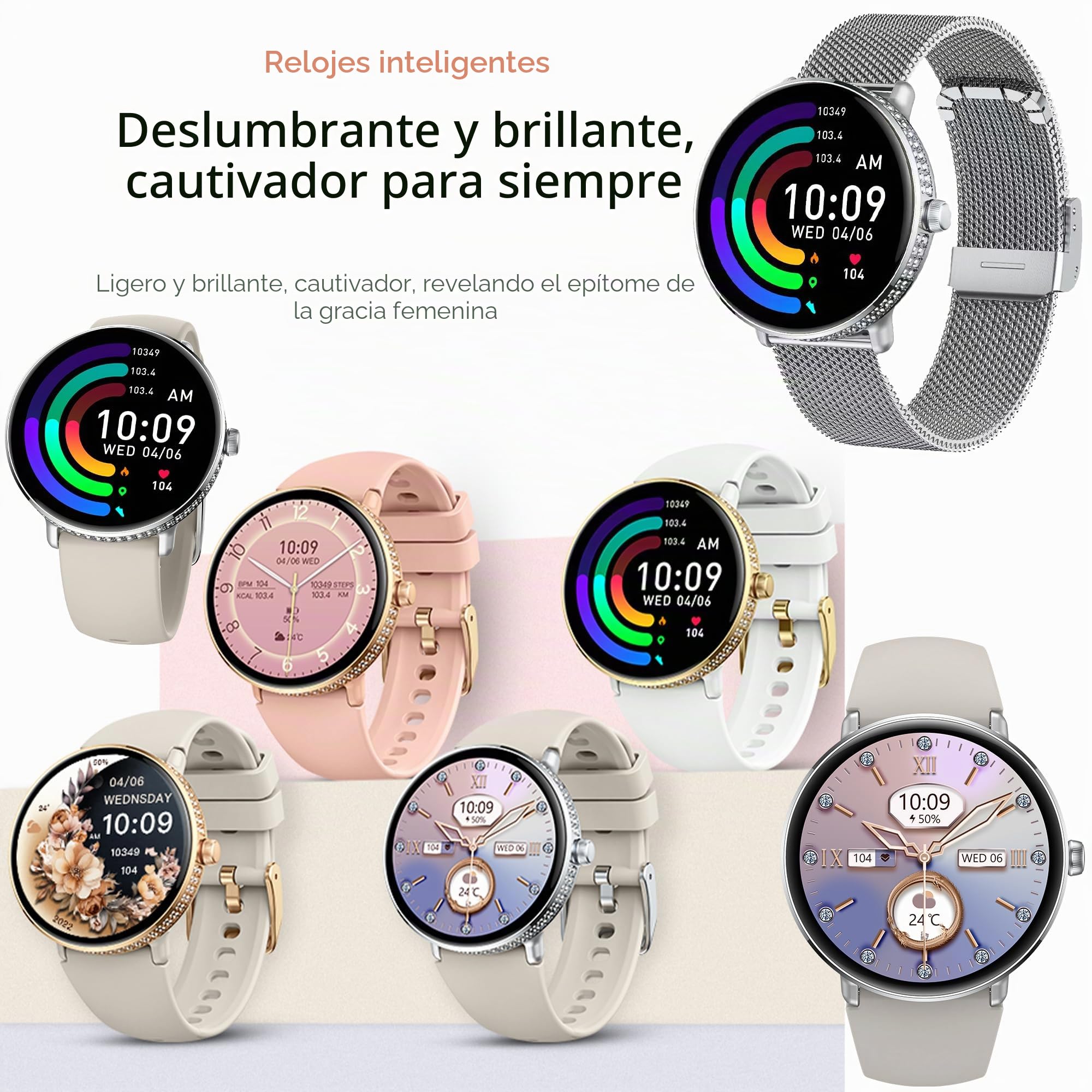 ZPIMY 1,19" AMOLED Reloj Inteligente Mujer con Llamada y Whatsapp, 5ATM Impermeable Reloj Smartwatch 123 Deportivo Hombre con Monitor Sueño, Pulsómetro Android iOS (Plateado)
