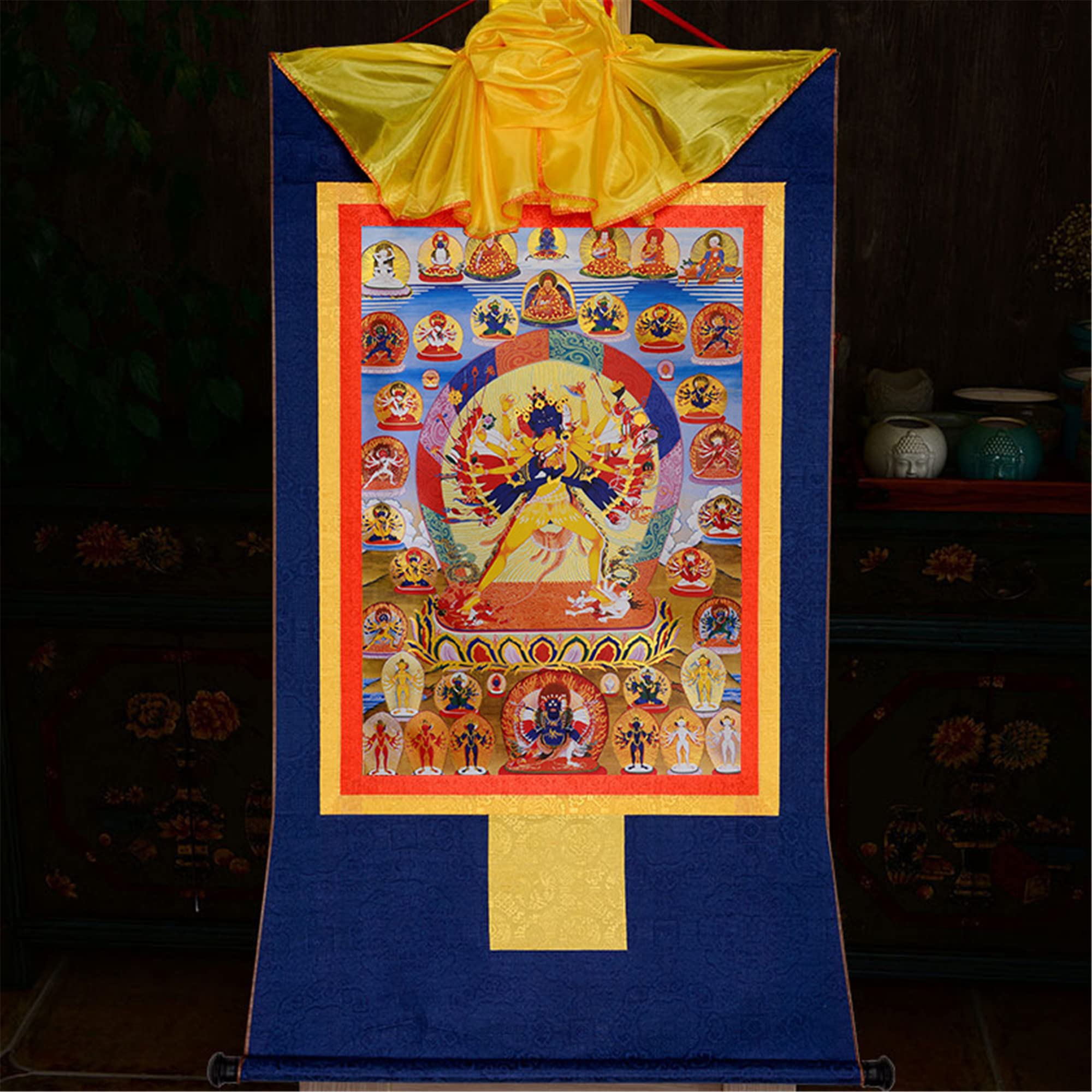 Thangka tibétain, peinture thangka, tapisserie bouddhiste, Kalacakra Vajrayogini à Yab Yum, (Bouddha femelle/Dakini), art de la peinture tibétaine Thangka, brocart Thangka bouddhiste, tapisserie de Bo