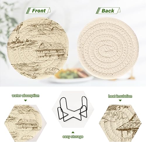 Miniatura 4 de Drink Coasters and Holder Set of 6 Coasters for Dining Table Table Cup Coasters Porta Vasos para Mesas Farm Rural Landscape