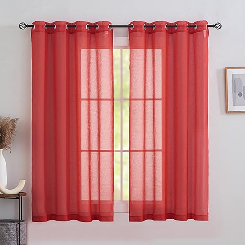 Miniatura 1 de Cortinas semitraslúcidas rojas de 63 pulgadas de largo para ventanas de dormitorio, cortinas sólidas con ojales superiores, 2 paneles de tratamiento