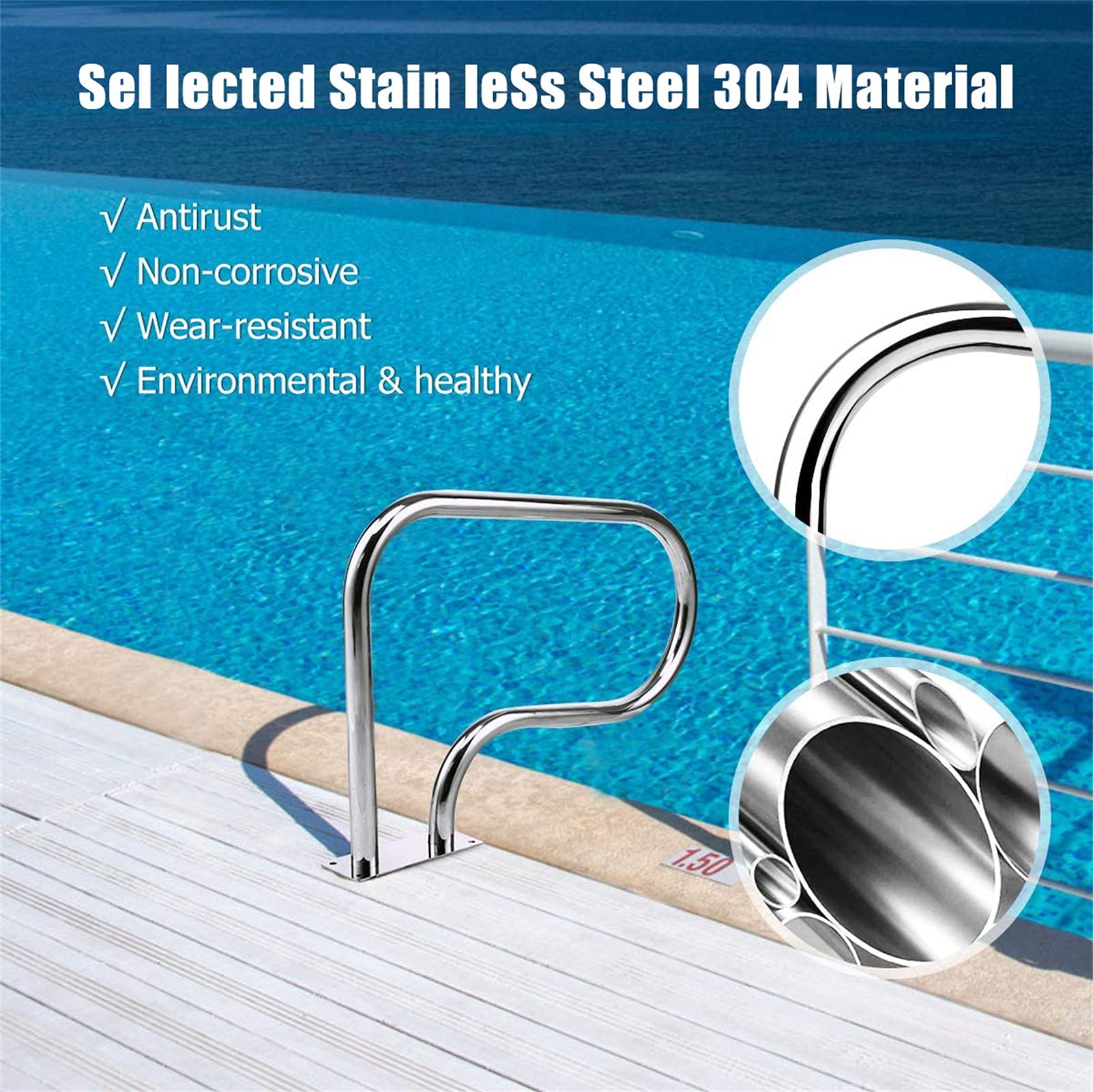 CGF- Pasamanos Barra de Mano para Piscina, Barra de Agarre Manual de fácil Montaje, Barra de Escalera para Piscina de Acero Inoxidable 304 con Placa Base y Cubierta de Agarre Azul de 4 pies