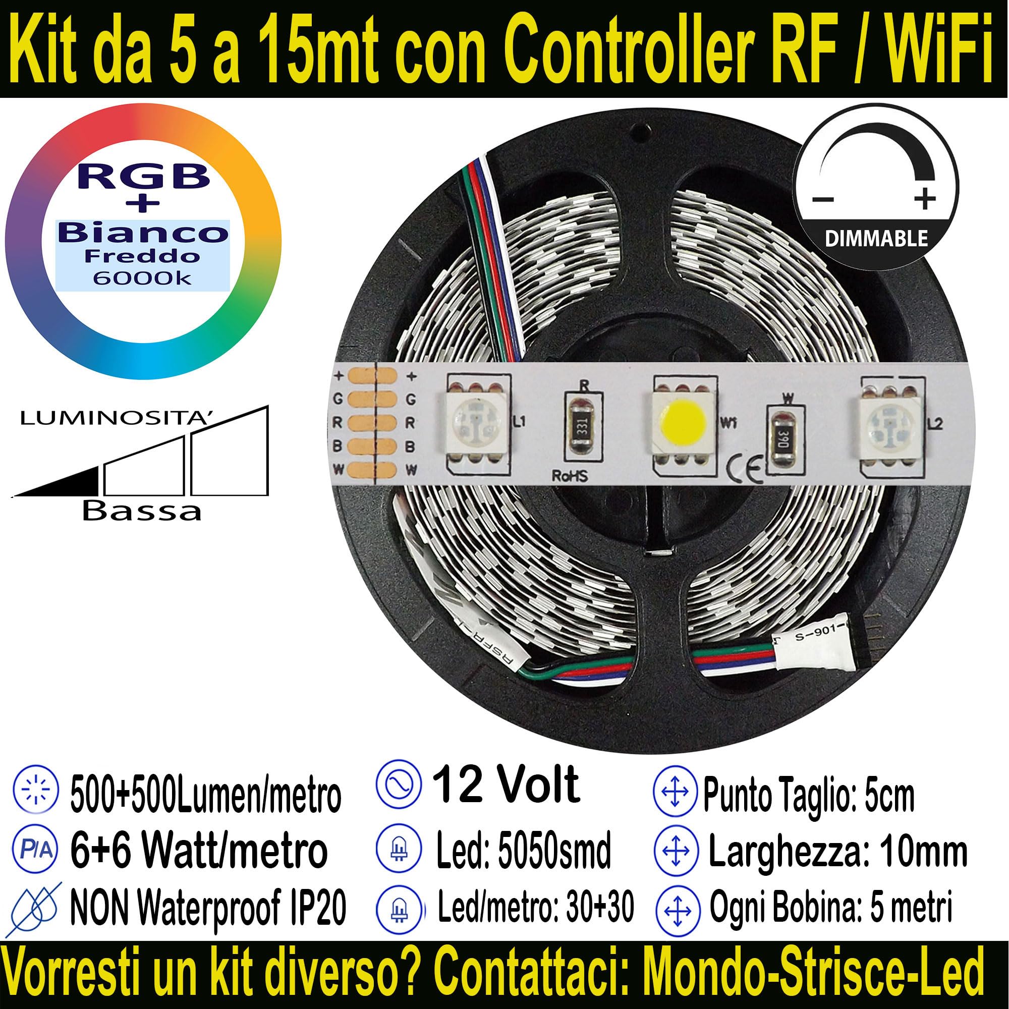 Kit da 10 metri (2 Bobine+1 trasformatore da 120w +1Controller) RGB + Bianco Freddo, 600Led (Totali), 120Watt (Totali), 10.000 Lumen(Totali) 12V RGBW. Striscia Led Strip ip20