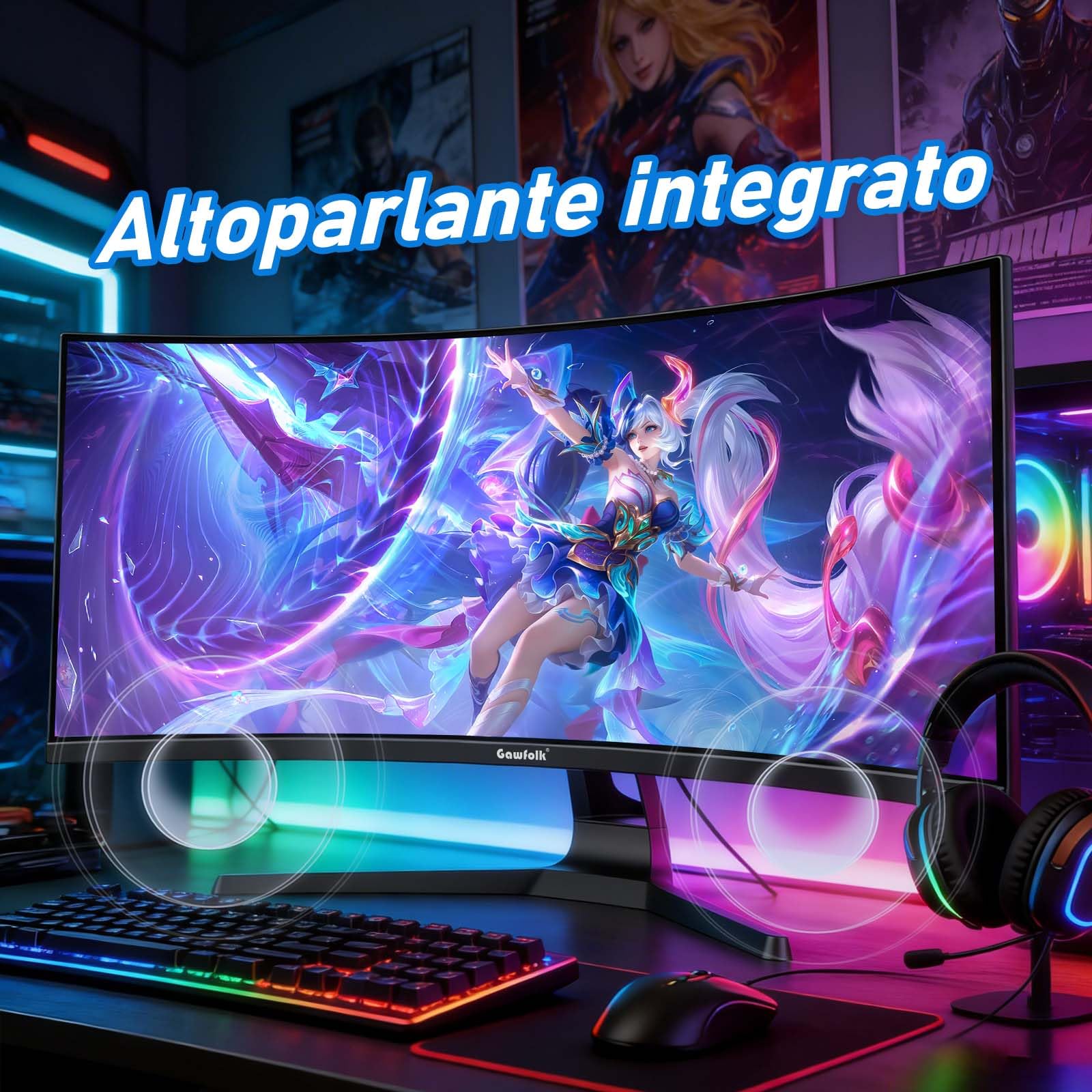 Gawfolk Monitor Ultrawide Da 34 Pollici 1500R Curvo 200Hz Monitor Per Computer Da Gioco, 21:9 UWQHD (3440x1440),128% sRGB,Adaptive Sync,Altoparlante integrato,HDMI、Display Port,VESA75×75MM - Nero