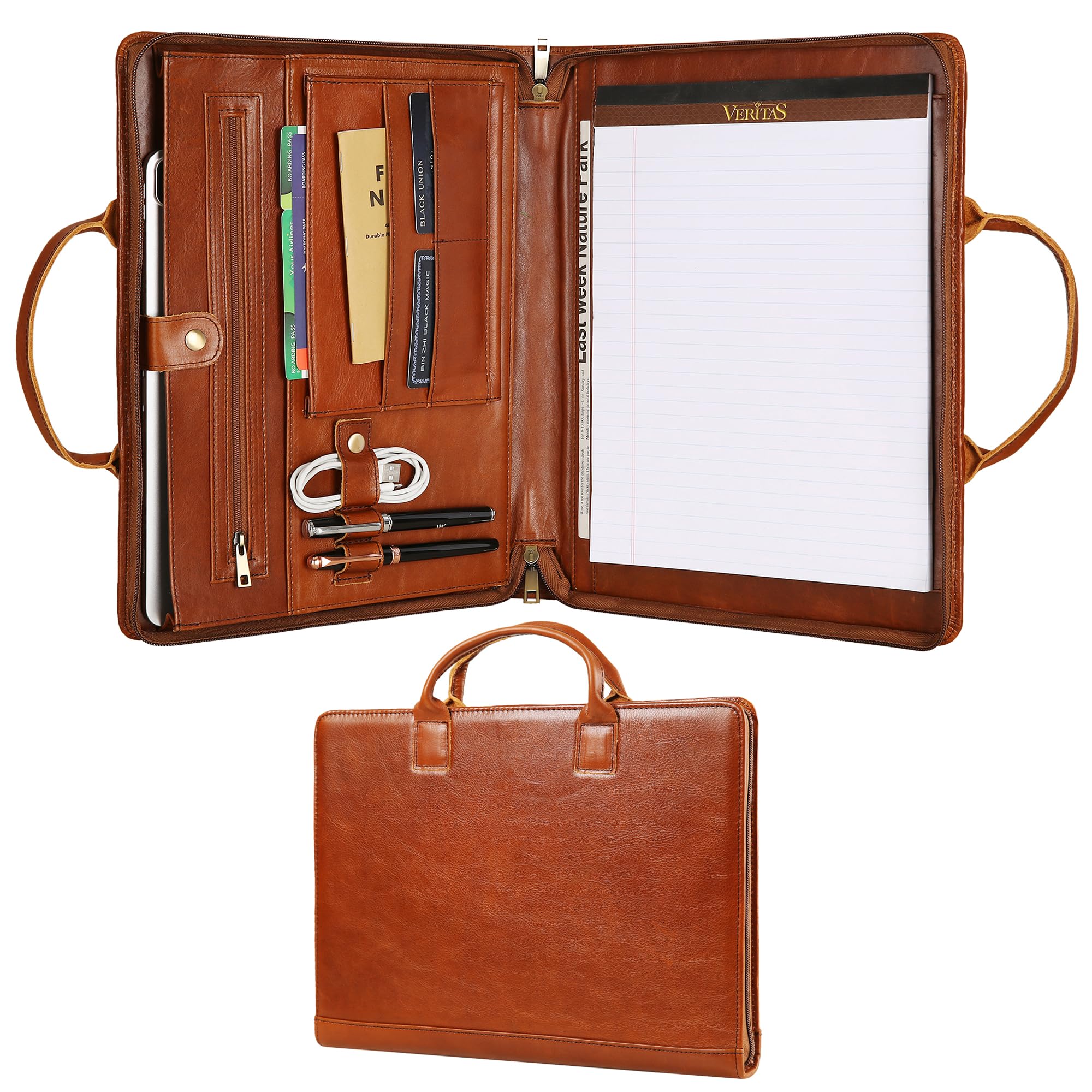 Personalized Leather Padfolio for Men, Business Portfolio with Handle Engraved Padfolio Organizer with A4/Letter Size Notepad Holder, Oil Brown - Custom