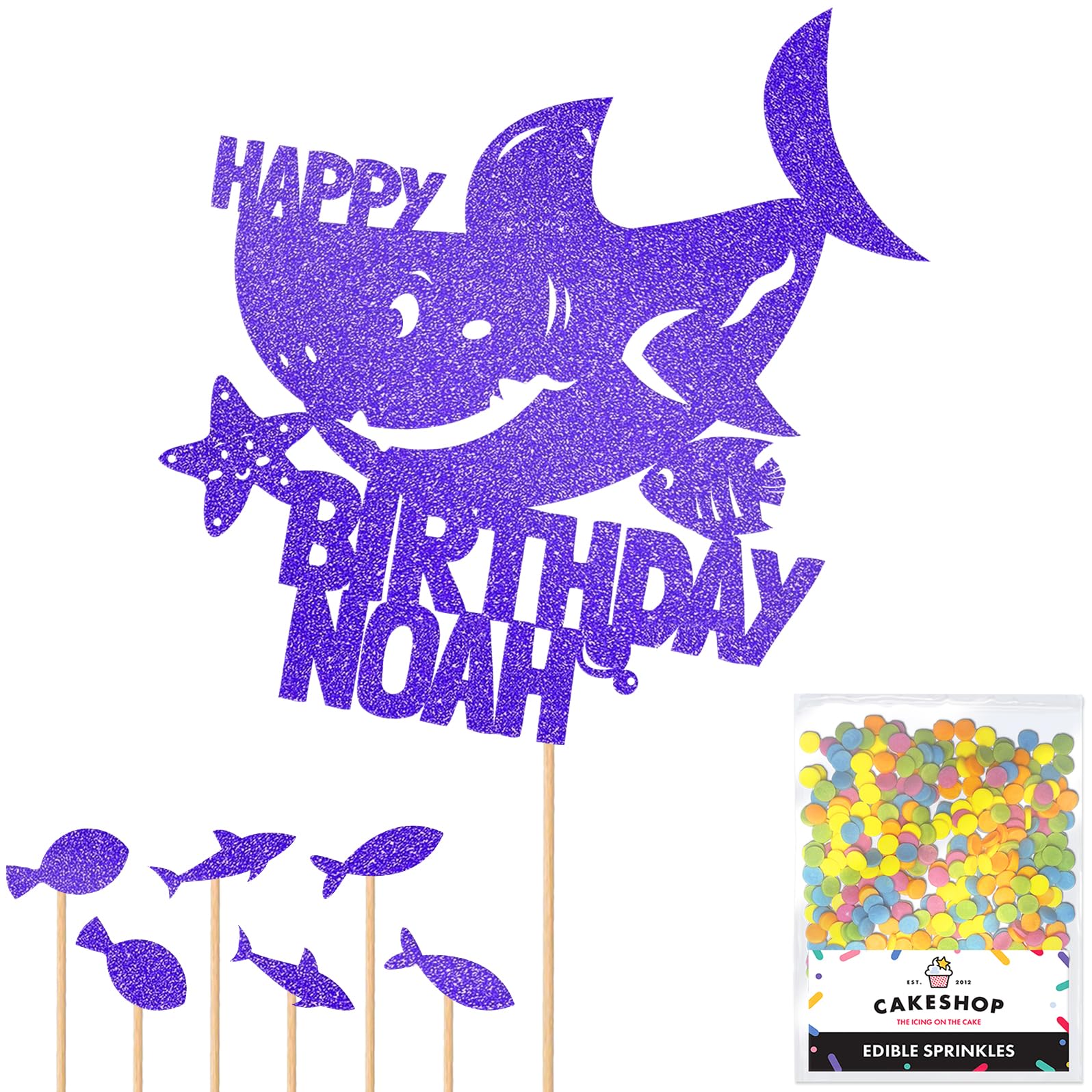 Personalised Birthday Shark Glitter Cake Topper- Bright Blue Any Custom Name Glitter Cake Decoration and Sprinkles - Happy Birthday Decorations - Personalised Toppers for Cakes by Cakeshop — image 1