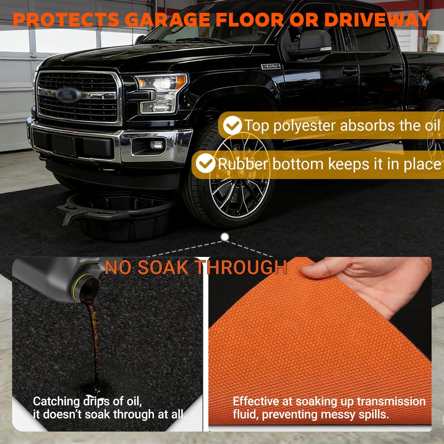 Oil Spill Mat Thick 1/3", 72" x 60" Heavy Duty Rubber Garage Floor Protector Mat for Driveway Outdoor, Absorbs Grease Water Leak-Resistant Carpet for Under Car Auto Golf Cart Mower Washer, Black