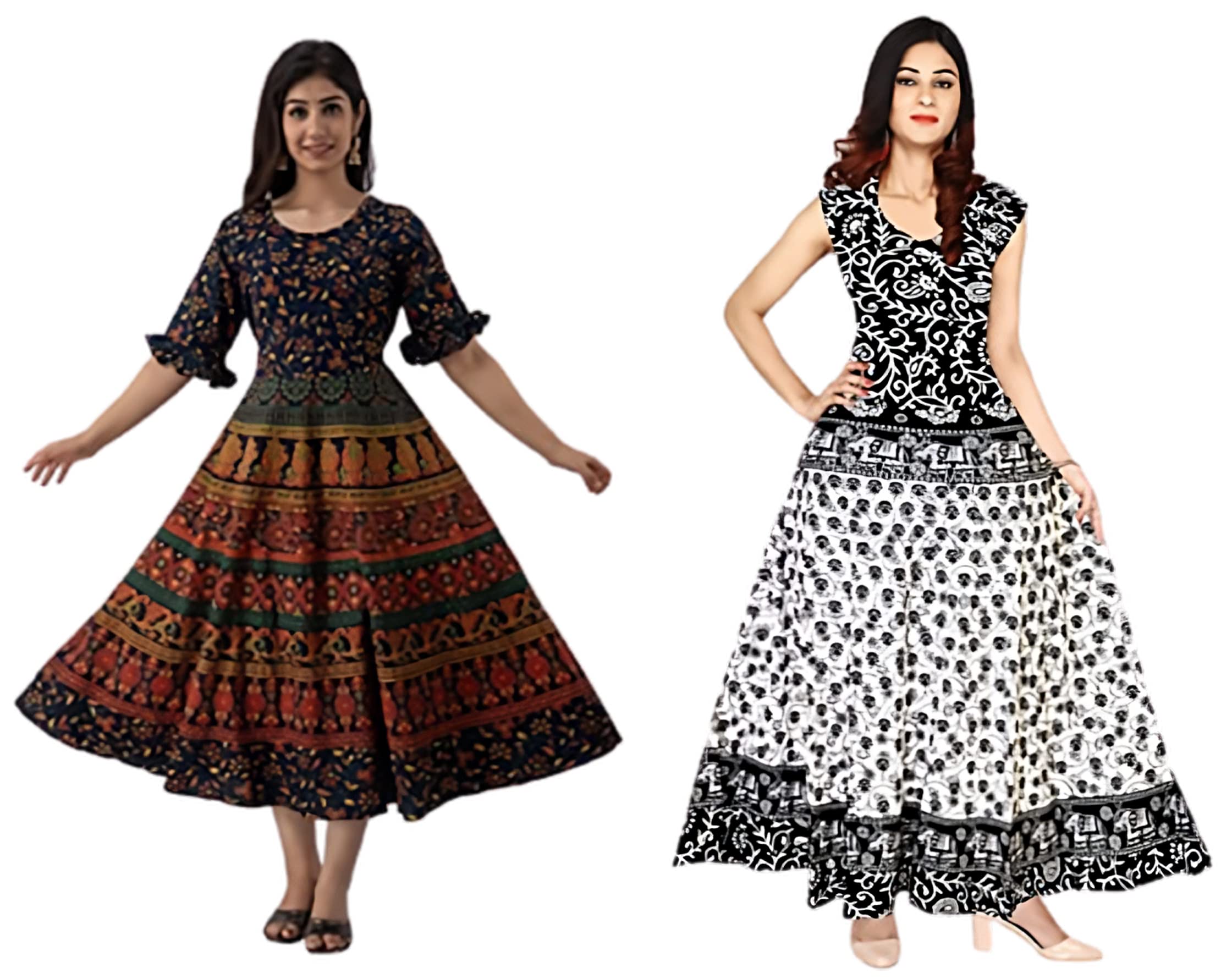 ADITYA IMPEX Women's Jaipuri Printed Cotton Rajasthani Traditional Maxi Long Dress (Free Size Upto 44-XXL), Brown Sleeve &White