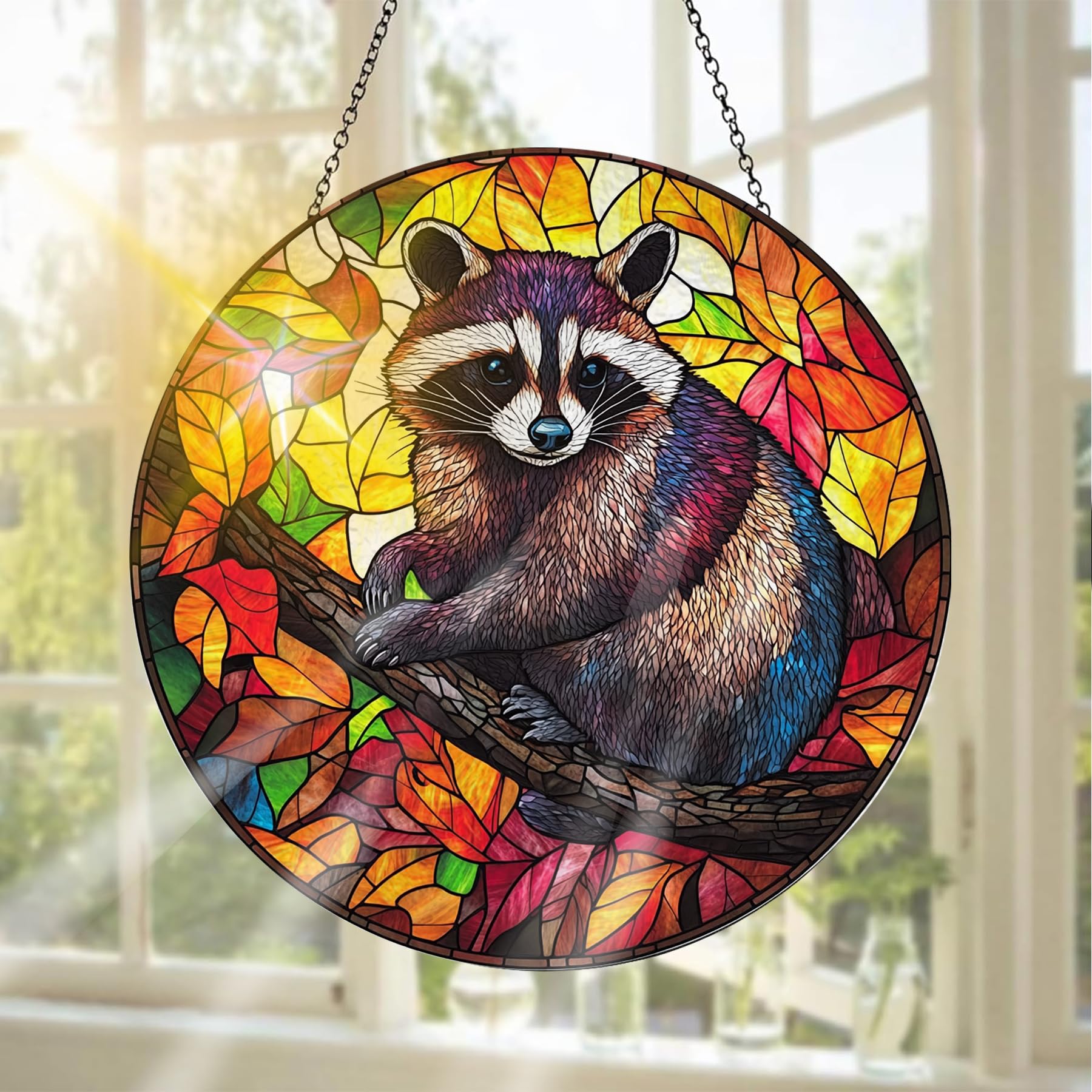 Pavemlo Raccoon Suncatcher Indoor Stained Glass Window Hanging - Outdoor Window Hanging Decoration - Sun Catcher Home Decor Mother's Day Birthday Gifts for Women, Men Mom 20x20 cm