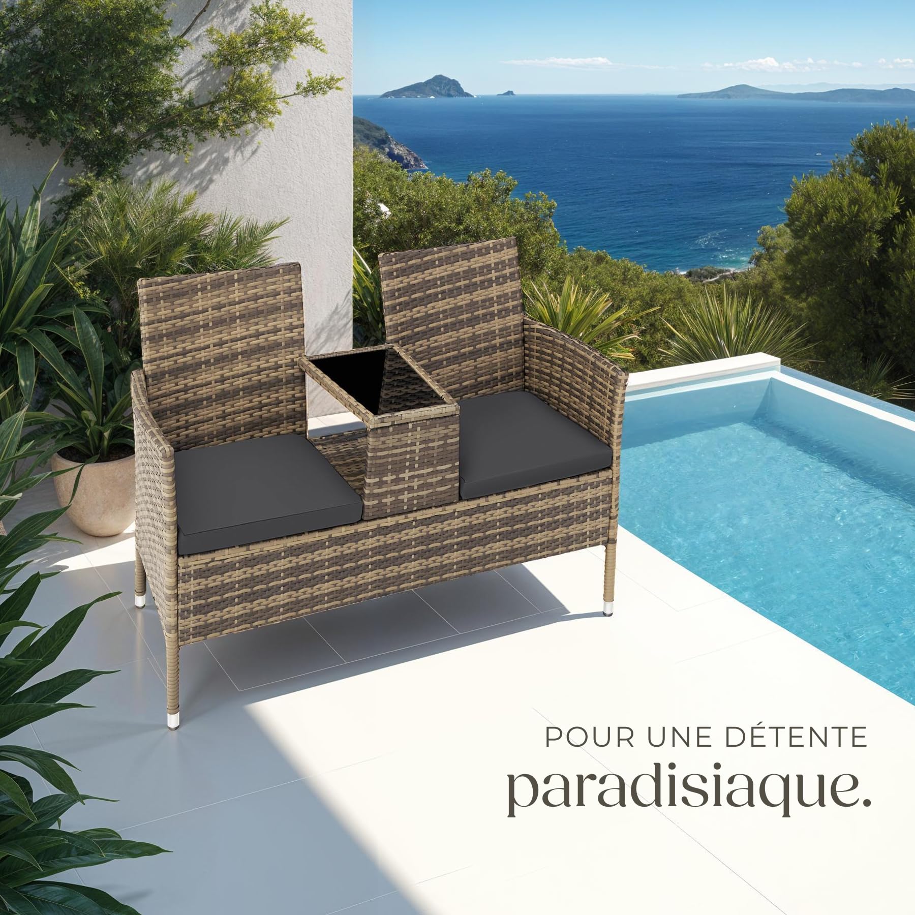 tectake® Banc d'extérieur avec Table intégrée, 133x63x84 cm, Ensemble de Salon de Jardin, Terrasse, Balcon, Résistant aux intempéries, Coussin d'assise 6 cm, Mobilier de Jardin en Rotin 2 Personnes