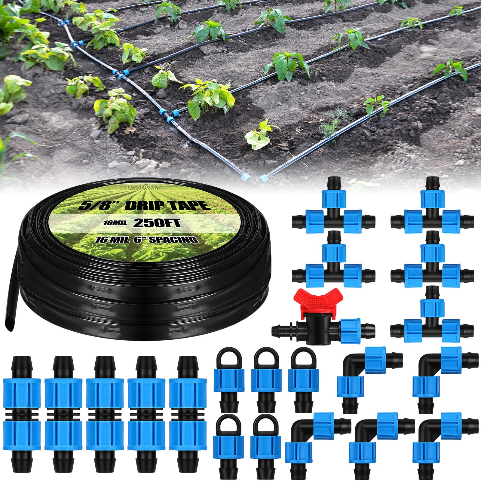 Tondiamo 250 ft 5/8 Inch Drip Tape Irrigation Tubing Kit 16 Mil 6" Spacing Hose Garden Landscape Irrigation System Automatic Equipment for Farms — image 1