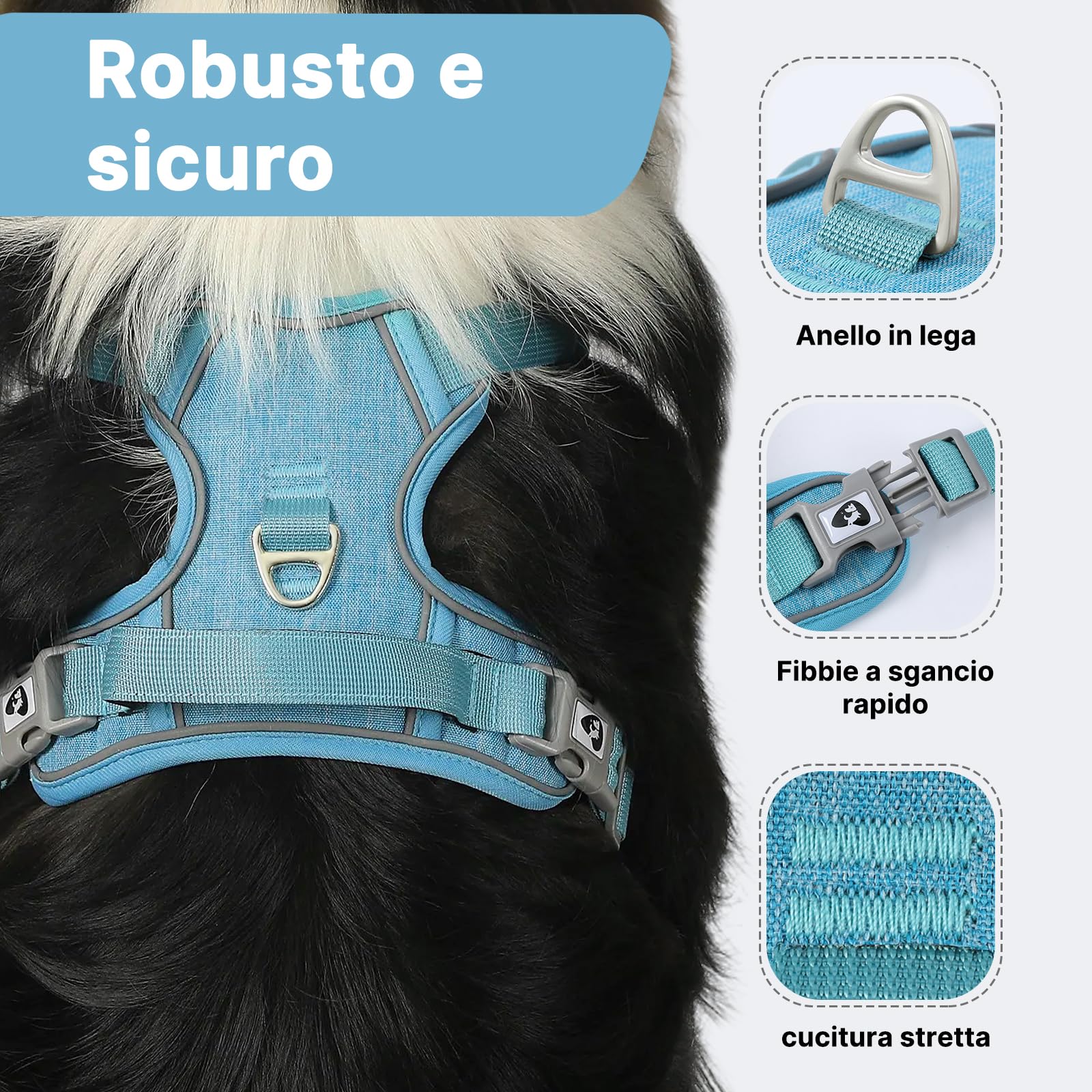 COMSLE Pettorina Cane Taglia Grande Media Piccola, Pettorina Cane ad h Riflettente, Pettorina Anti Tiro per Cani Regolabile con Doppio Anello, Imbracatura Cani Traspirante, Blu Chiaro, M