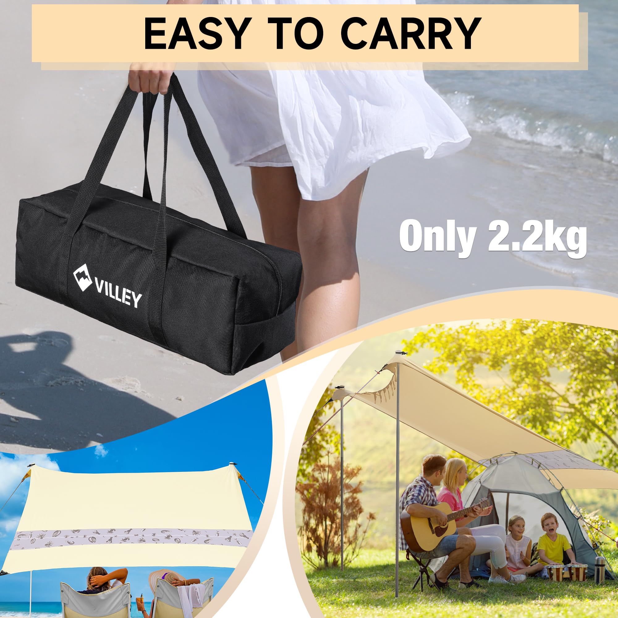 VILLEY Toldo de Playa 2 x 2,4 m, Tienda de Playa con Protección UV UPF50+, Refugio Solar para 3 Personas con Sacos de Arena y 2 Postes, Ideal para Picnic, Pesca y Playa
