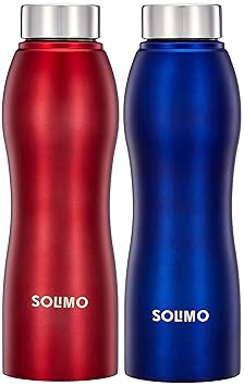 Amazon Brand - Solimo Stainless Steel Water Bottles | Set of 2 | Spill-Proof | Ergonomic | Refrigerator, Freezer and Dishwasher Safe | 1 L | Red, Blue - image, photos
