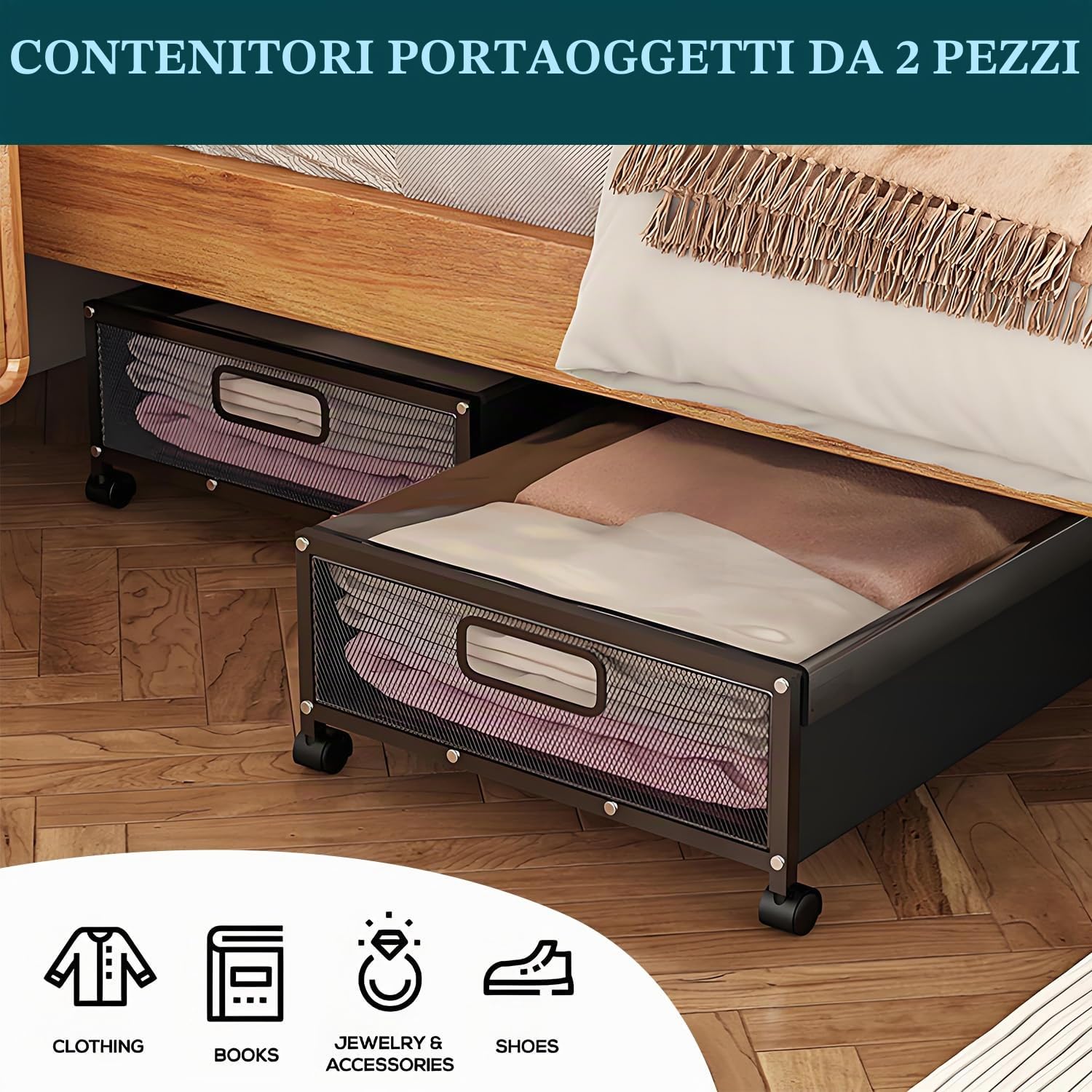 Contenitori sottoletto con ruote, 2 pezzi, 80x42x18 cm | Telaio metallico nero, coperchio trasparente, ordine salvaspazio per vestiti, scarpe e giocattoli