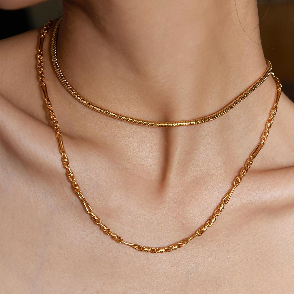 NECOCY Women's Layered Herringbone Necklace - 14K Gold Plated Dainty Chunky Paperclip Snake Chain Choker | Perfect Gold Jewelry Gift For Women & Girls - View #9