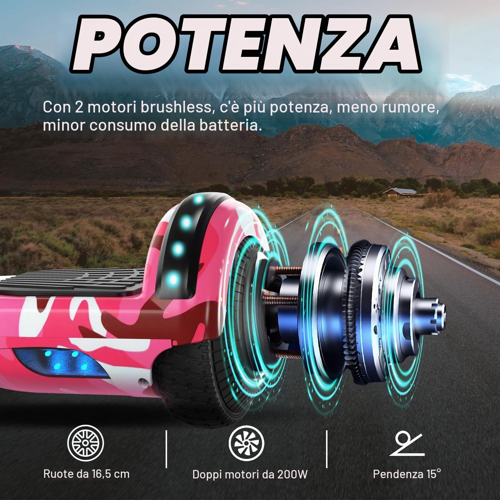 SISIGAD Hoverboard da 6,5 pollici con altoparlante Bluetooth, scooter autobilanciato, motore con luci colorate e luci LED，Camouflage rosa