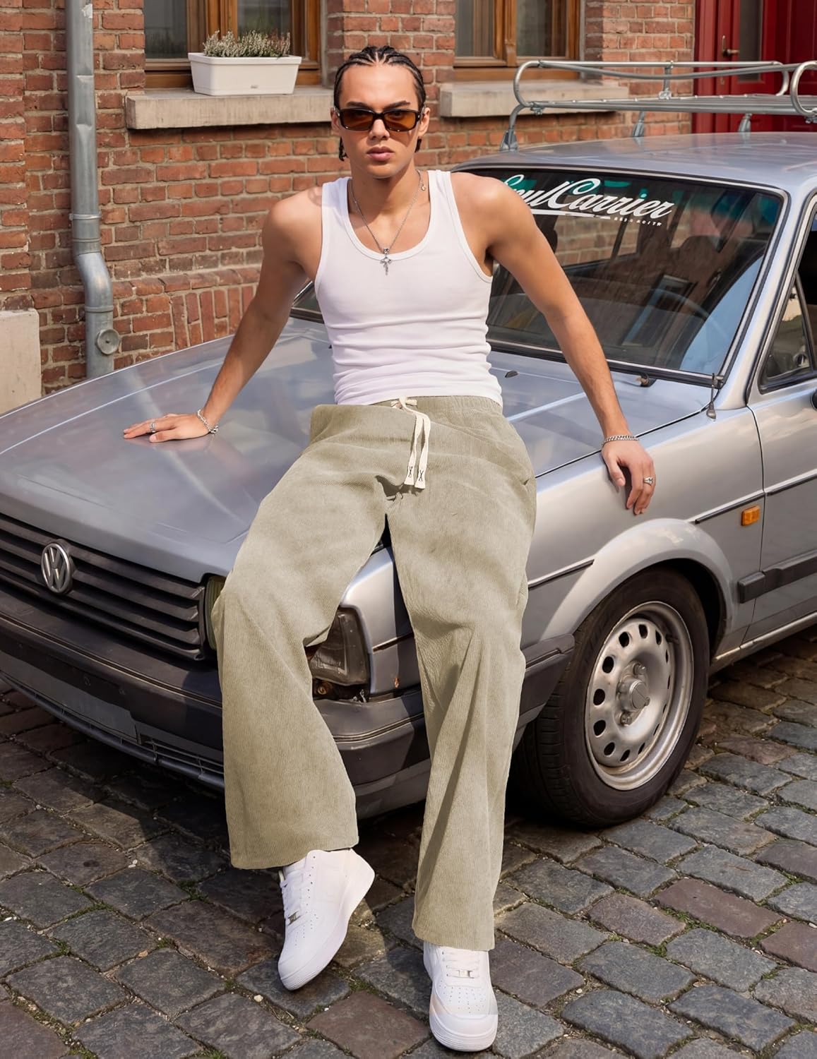 JMIERR Mens Corduroy Pants Casual Baggy Pants Wide Leg Loose Fit Joggers Sweatpants Elastic Waist Drawstring with Pockets - Image 5