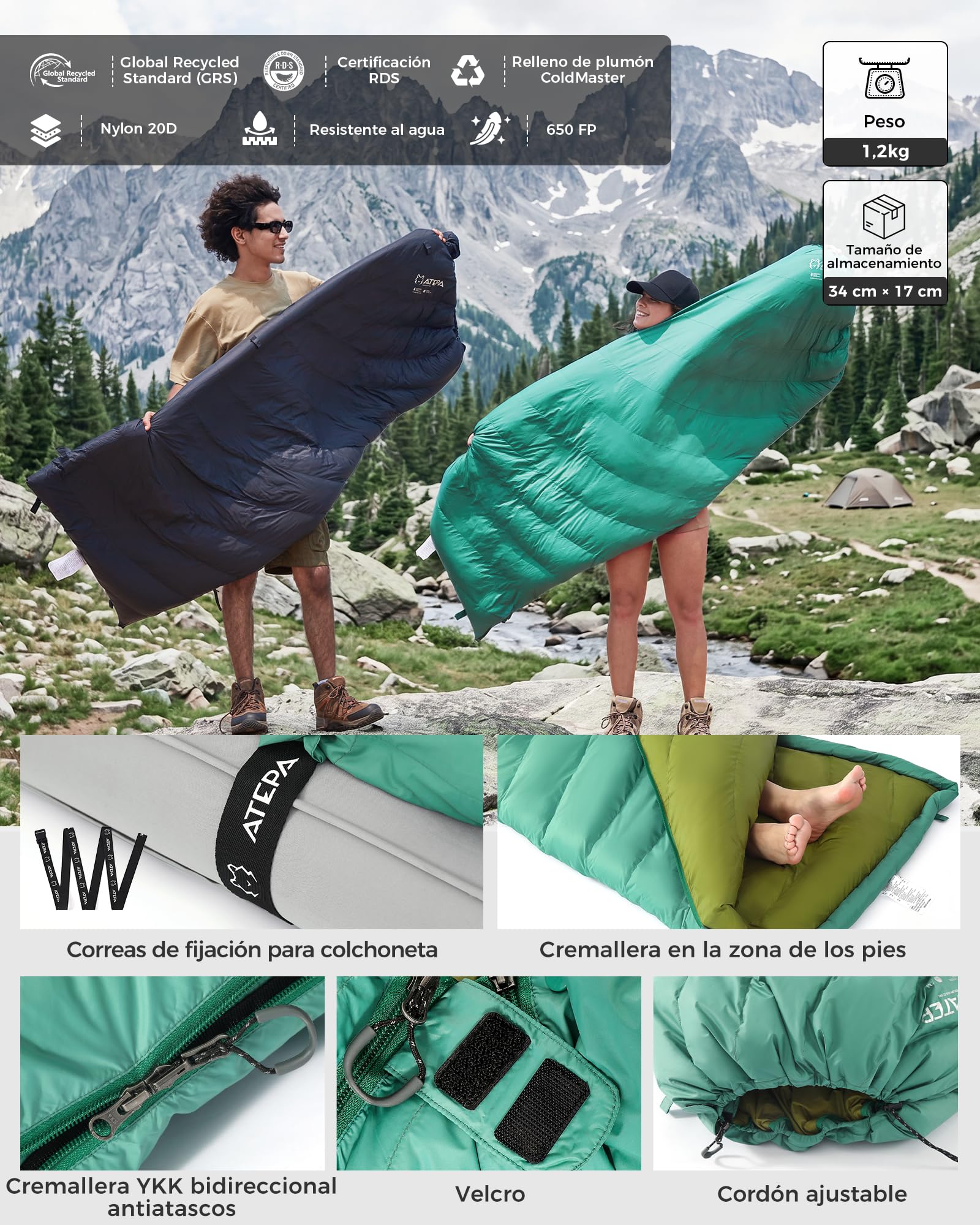 ATEPA Saco de dormir de plumón, saco de dormir para exteriores, saco de dormir con 600 fp, impermeable, saco de dormir para 4 estaciones, ideal para adultos en camping, viajes y aventuras