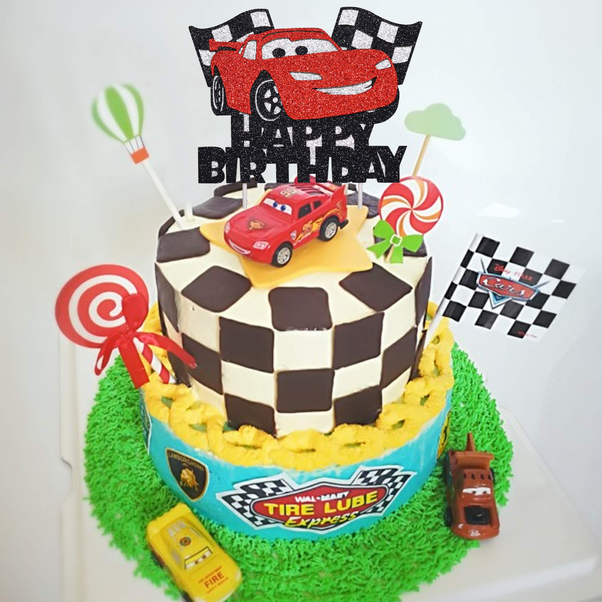 Artczlay Happy Birthday Cake Decoration Racing Flash Cake Topper Checkered Flag Racing Theme Party Supplies Baby Shower Car Theme Traffic Theme Party Cake Topper (Black and Red)
