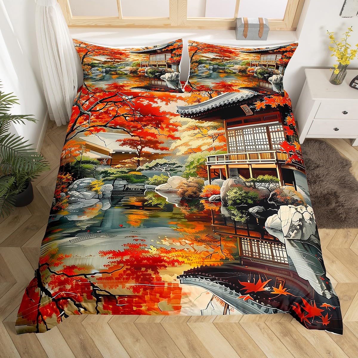 Homewish Japanese Style King Duvet Cover Fall Leaves Decor Comforter Cover,Green Botanical Lake View Mountain Bedding Set Ink Painting Quilt Cover for Kids Boys Girls Teens