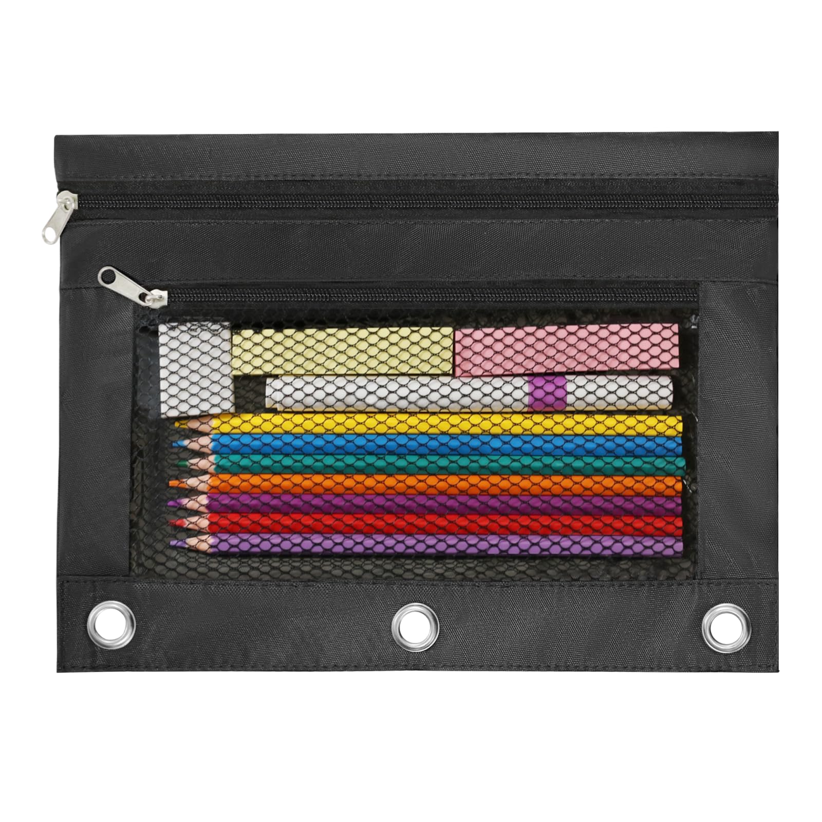 3 Ring Pencil Pouch for Binder, 2-Pocket Zipper Pencil Case with Clear Window &amp; Mesh Pocket, 600D Oxford Fabric Binder Pouch for School Office Supplies, Fits Standard 3-Ring Binders, Black