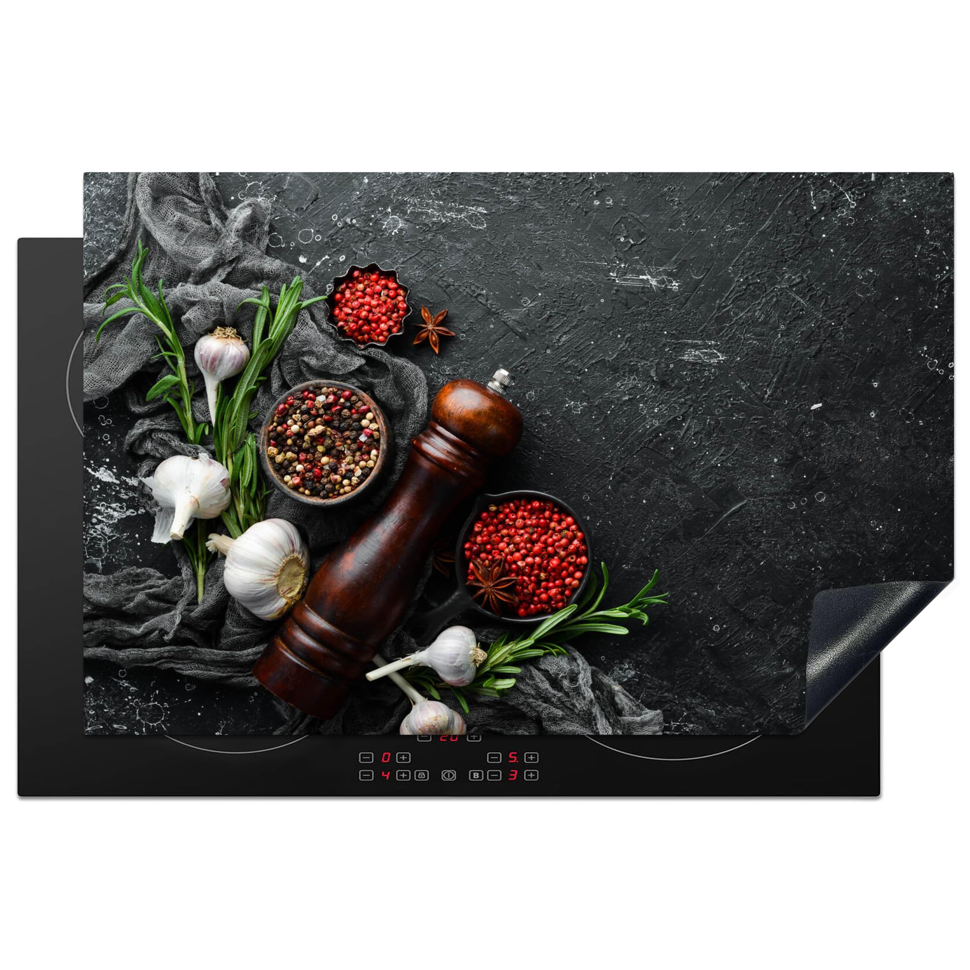 KitchenYeah© Herdabdeckplatte 81.6x52.7 cm Einteilig Küche Herdabdeckung Induktionsfeld Ceranfeld Herdabdeckplatten Vinyl Matte Aufrollbar Kräuter - Paprika - Knoblauch - Beton