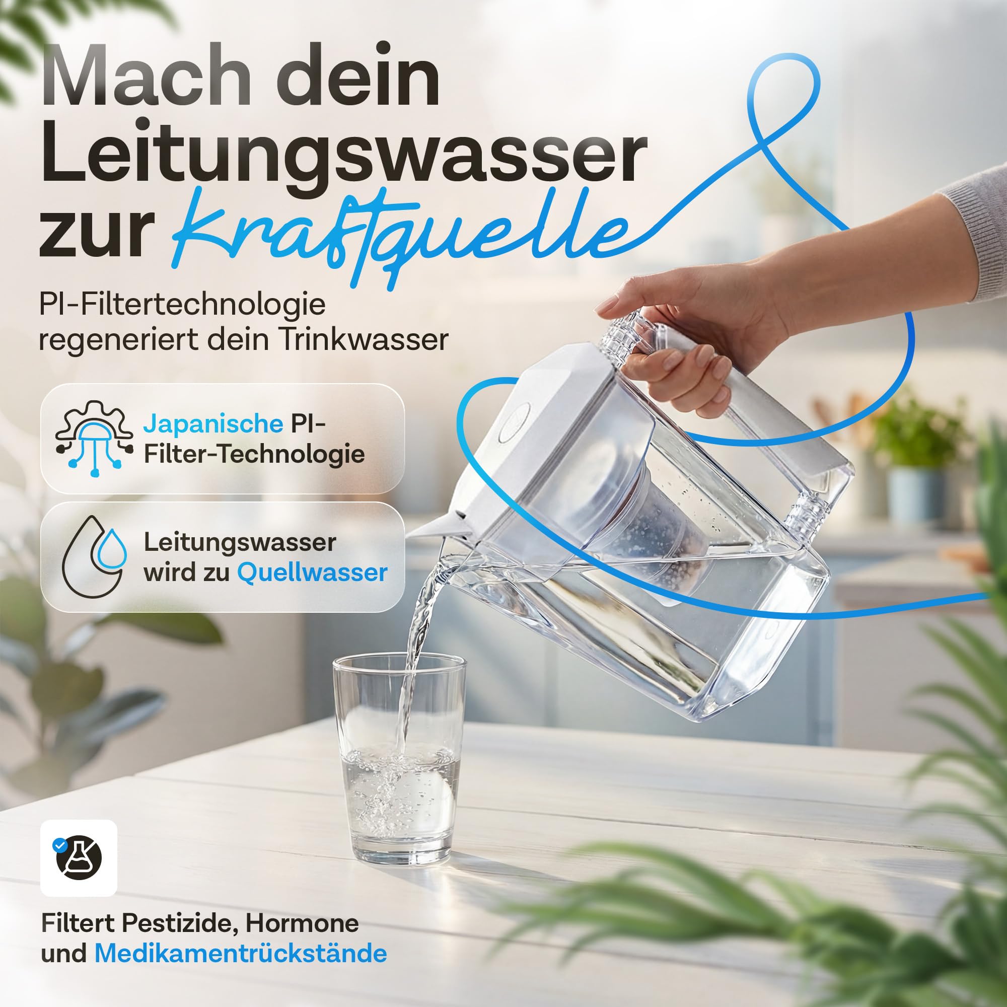 Filtro de agua MAUNAWAI® Premium Bio, incluye 1 jarra de agua + 1 cartucho filtrante y almohadilla de filtro (para 3 meses) - Blanco, filtro de agua potable + jarra con filtro