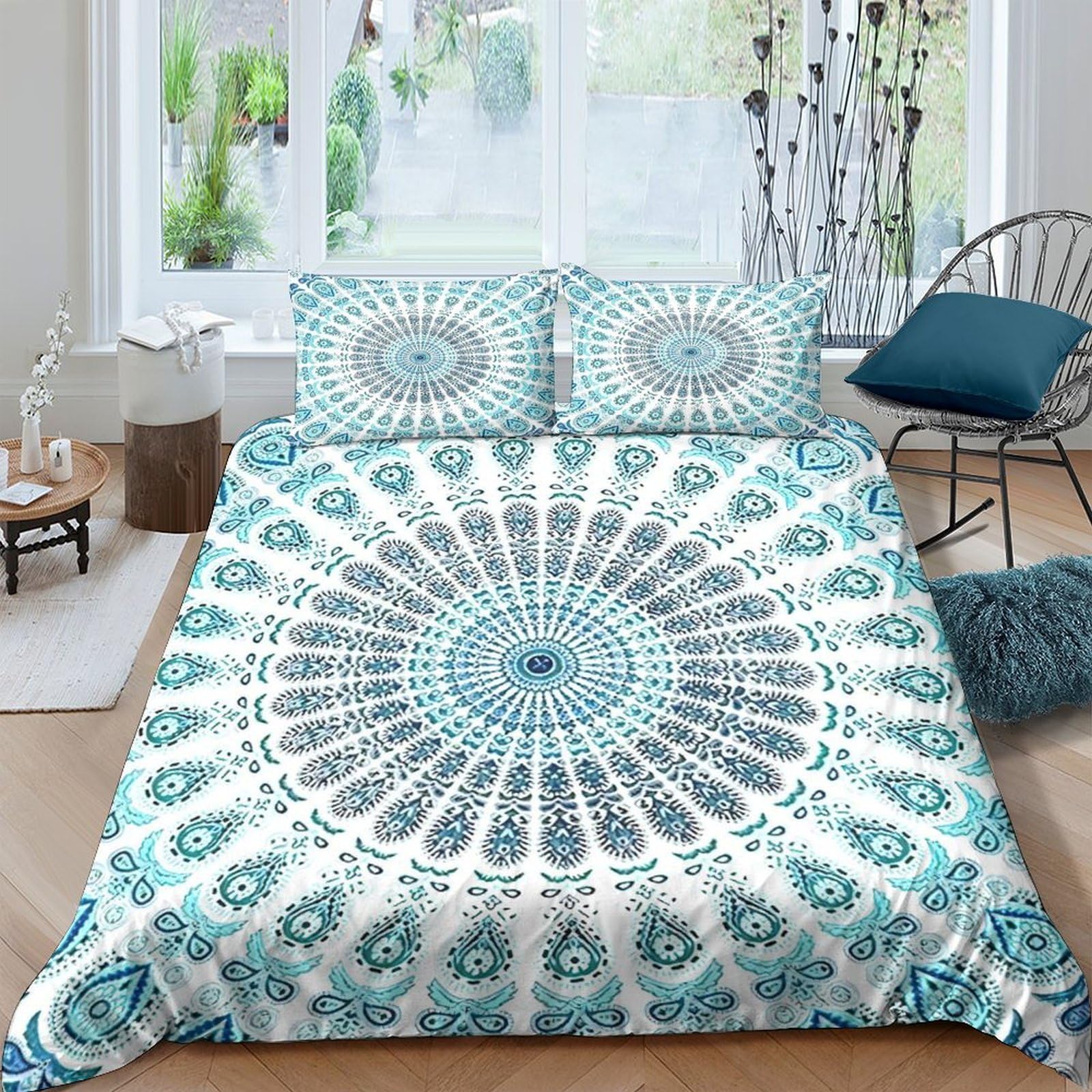 Ctjqhvkz Style-4 3D Printed Mandala Blue Fitted Sheet Microfiber Soft Breathable Peacock Feather Mattress Cover For Bedroom Dorm Decor Single（135X200cm）