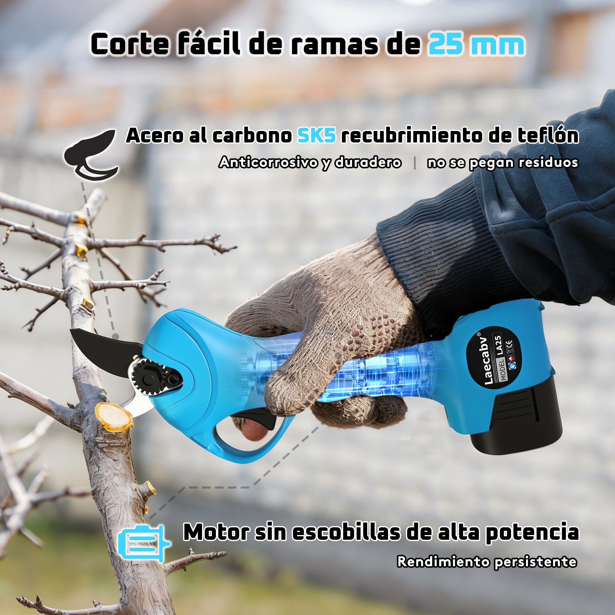 Laecabv Tijeras de podar electricas, tijeras de podar bateria 25mm diámetro tijeras podar inalámbricas, 2 Recargable 16.8v/2000mAh Litio Batería para la jardinería doméstica cortar árbol ramas