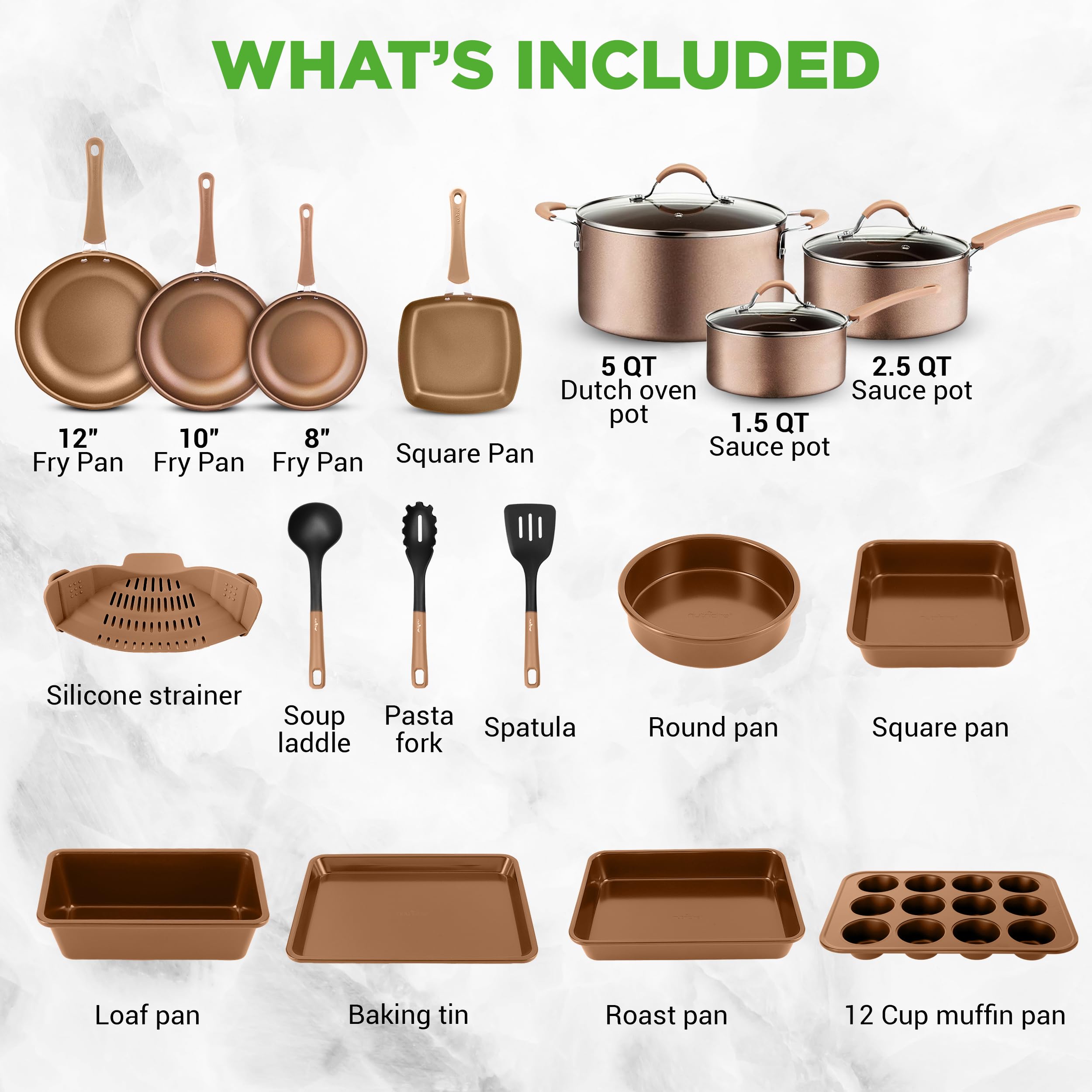 20-częściowy zestaw naczyń kuchennych do pieczenia nonstick - PTFE/PFOA/PFOS-Free Heat Resistant Lacquer garnki kuchenne Zestaw patelni do pieczenia z saucepanem, patelniami do smażenia, garnkami do