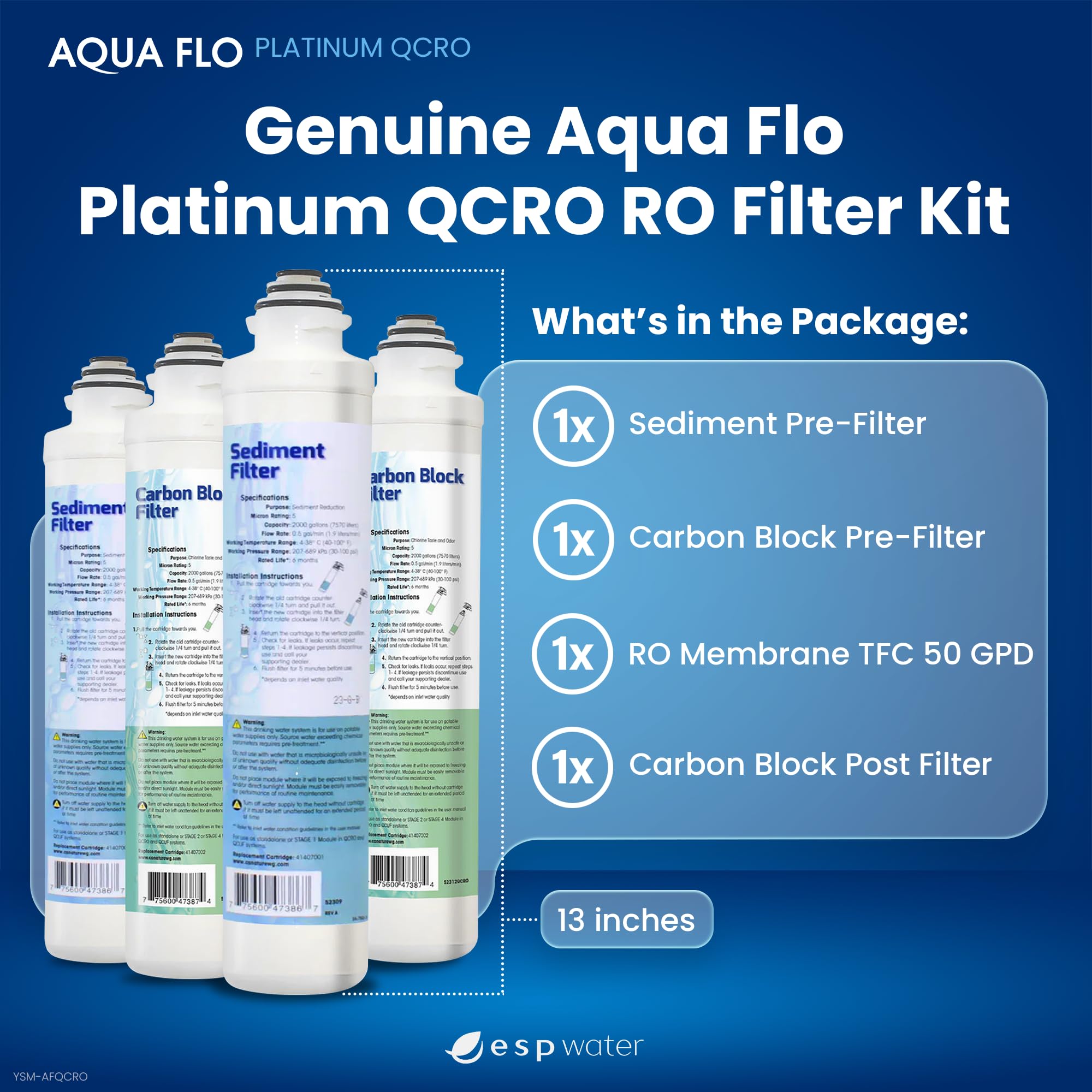 Aqua Flo Platinum QCRO - Kit completo de repuesto de filtro RO de 50 GPD, membrana de ósmosis inversa