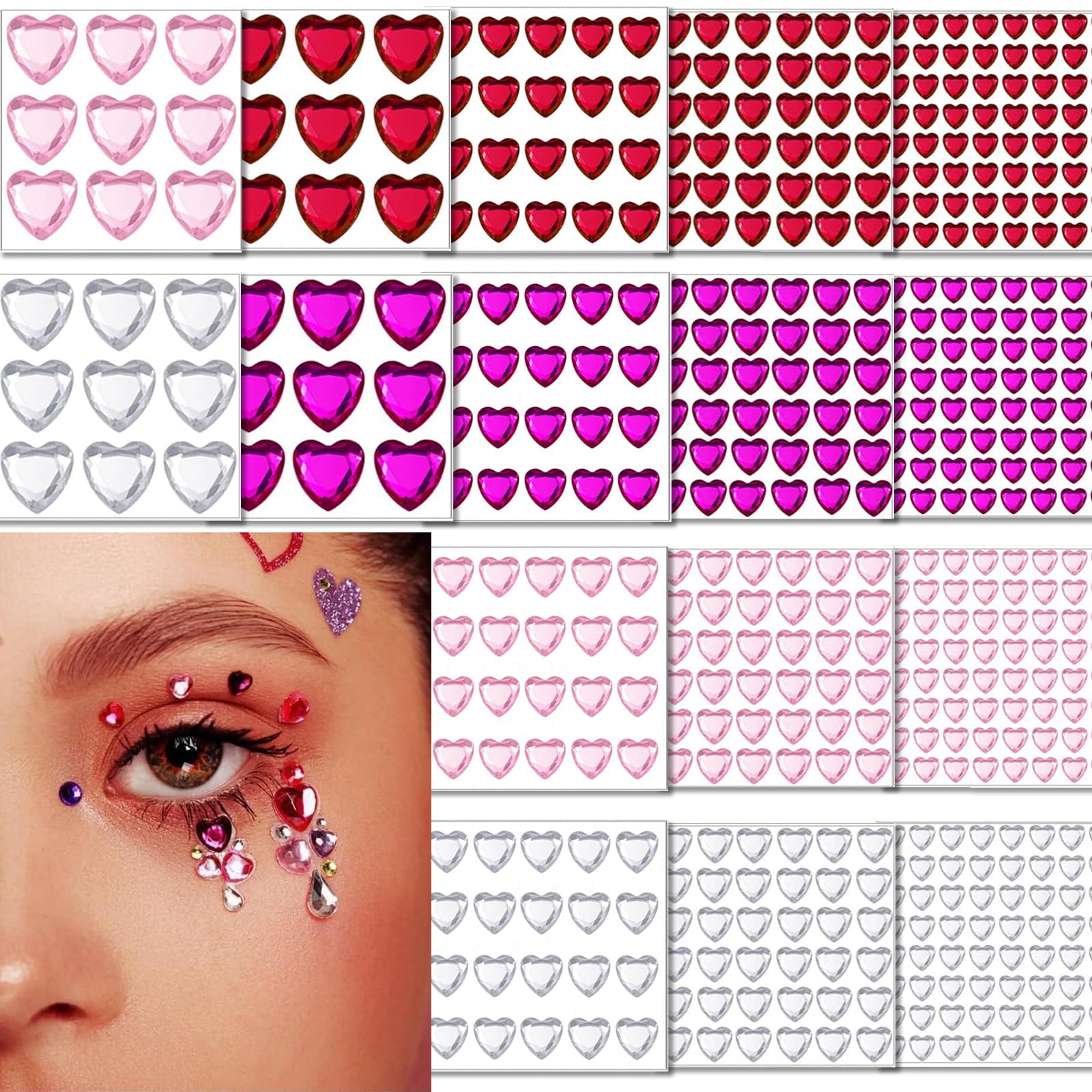 REDANHA 516 Pcs Heart Rhinestones Face Sticker Acrylic Self Adhesive Heart Gems Red Pink Clear Rose Red 6/10/12/18mm