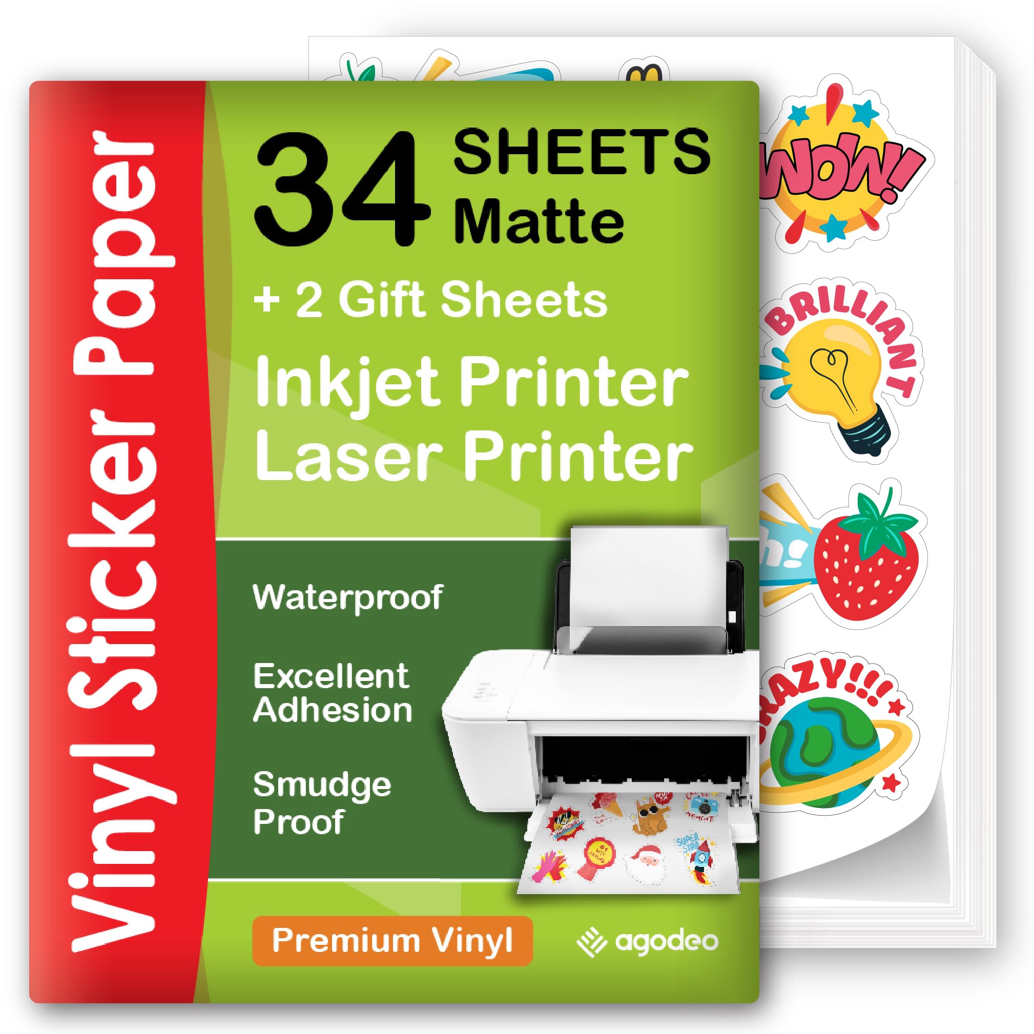 AgoDeo Carta adesiva vinile stampabile A4 opaca impermeabile laser getto d'inchiostro 34 fogli