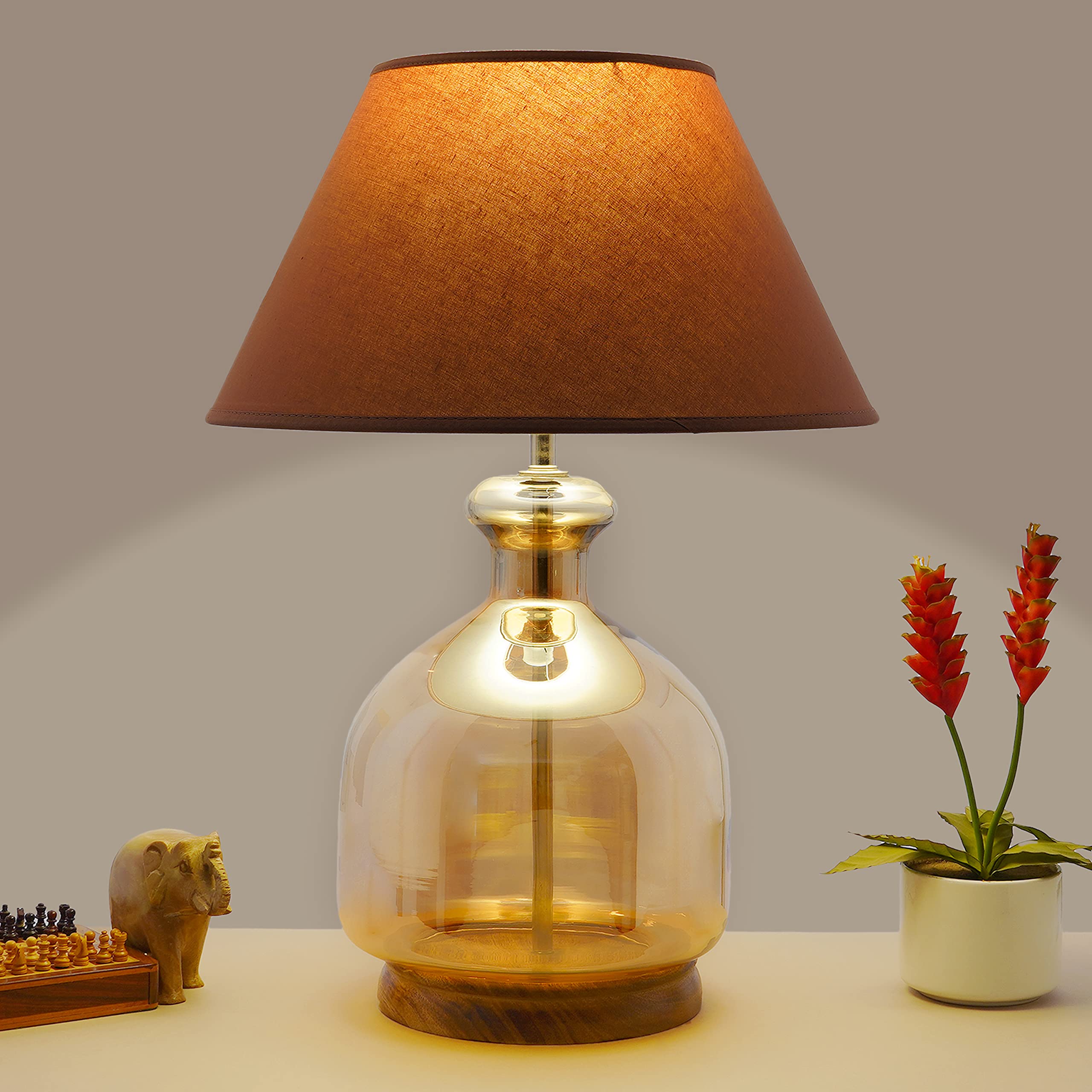 Kapoor E-ILLUMINATIONS Alper Smoke Luster Glass Table Lamp (Amber - Beige)
