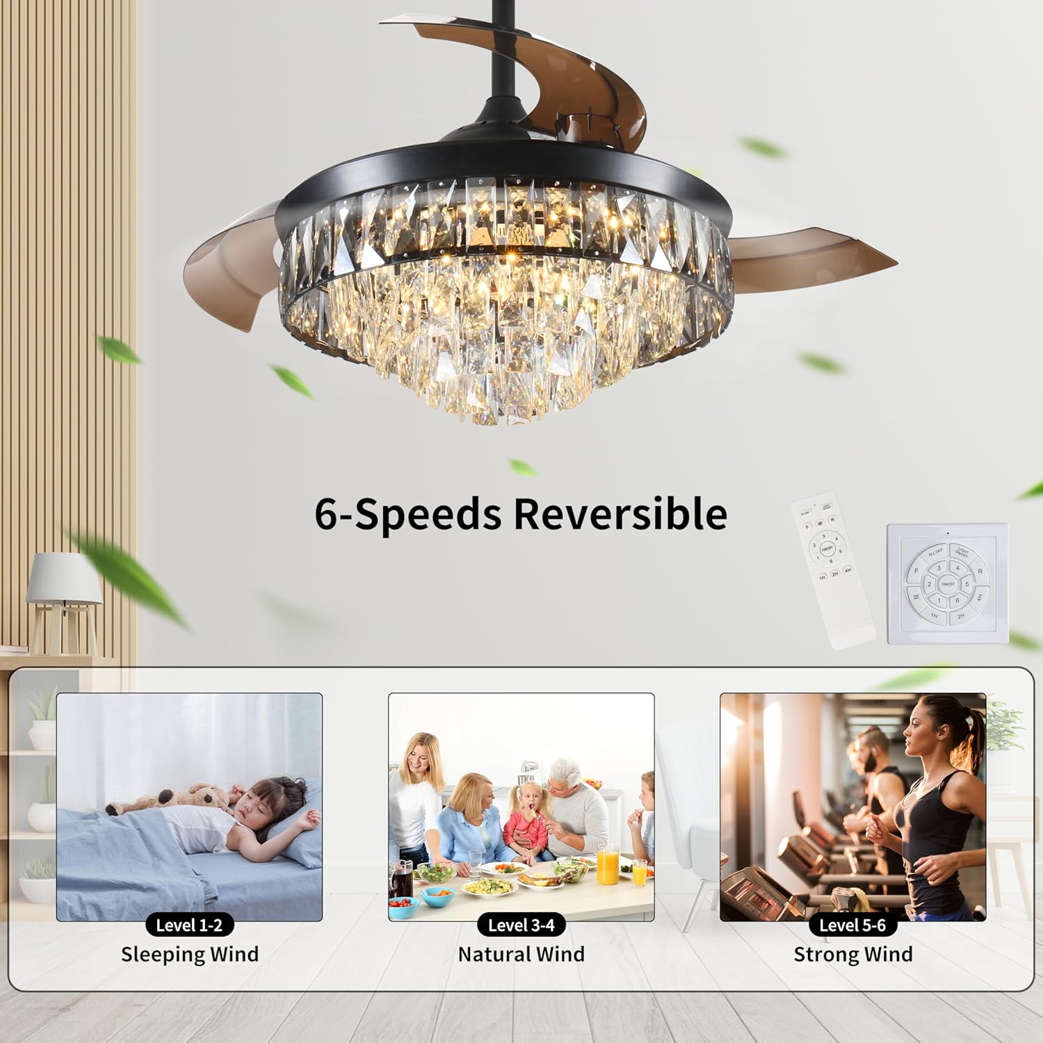 42" Chandelier Ceiling Fan Retractable Ceiling Fans with Lights and Remote Control 6 Speed 3 changable LED Light Crystal Black Ceiling Fan Modern Light for Bedroom Indoor Living Room