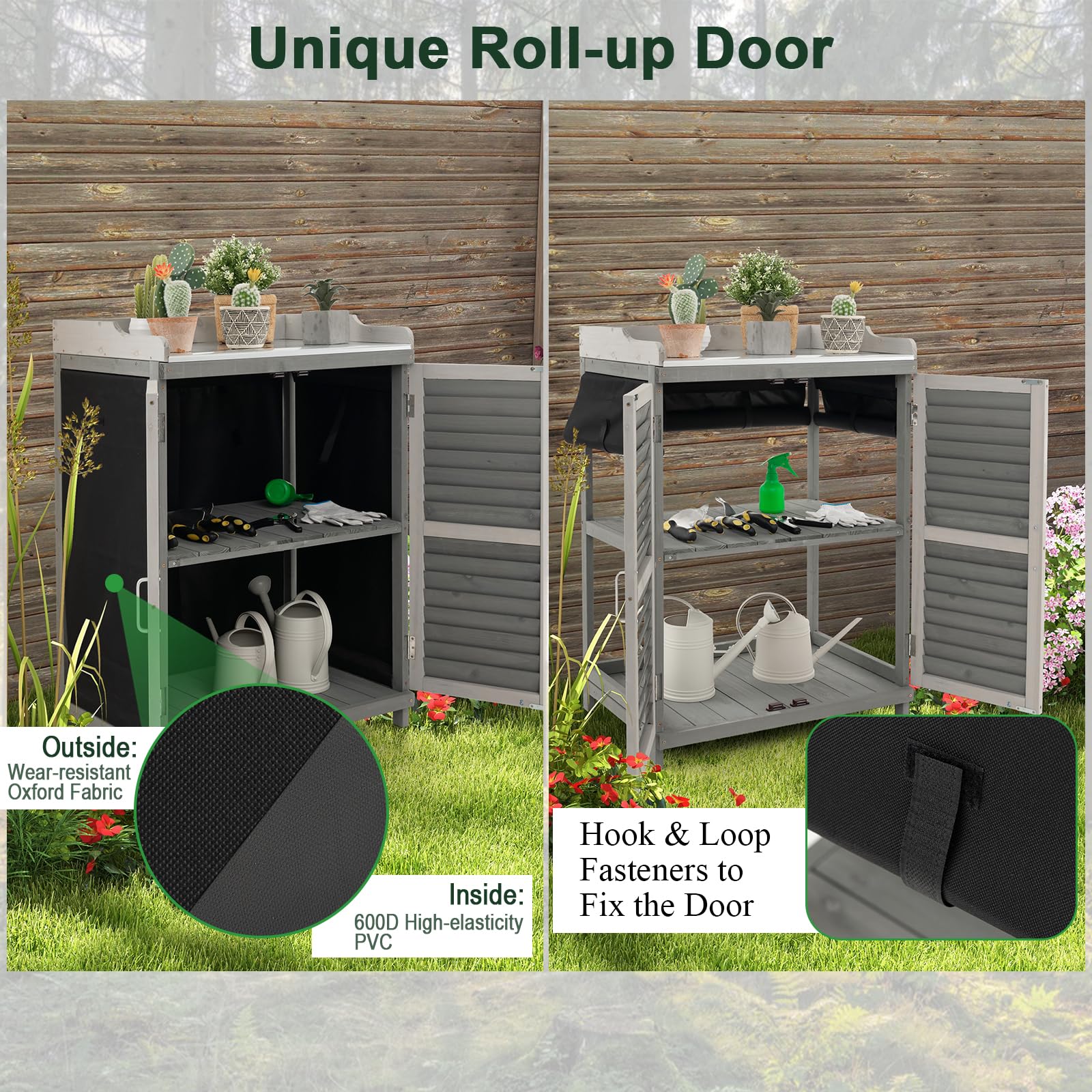 HOMASIS Pflanztisch Outdoor wetterfest aus Holz, Gartentisch mit Schrank & Metallplatte, Arbeitstisch mit 2 Regaln & 3 Rolltüren, Blumentisch Holzschrank für Terrasse Garten Balkon, 67x47x100cm, Grau