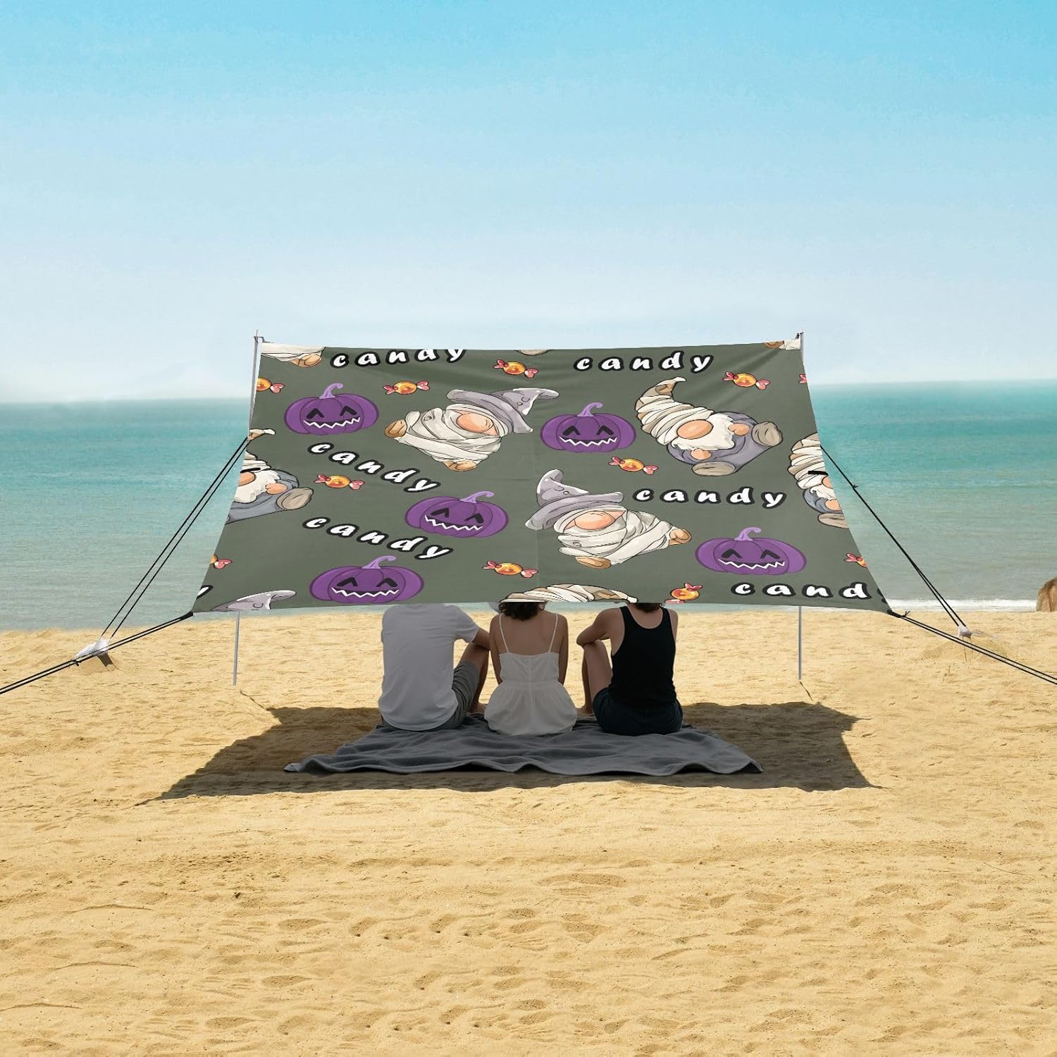 ALAZA Gnome Pumpkin Halloween Beach Tent Sun Shelter UPF50+ Protection Beach Shade Canopy w/ 4 Sandbags for Outdoor Camping, Fishing, Backyard Fun, Picnic, 10x9 ft